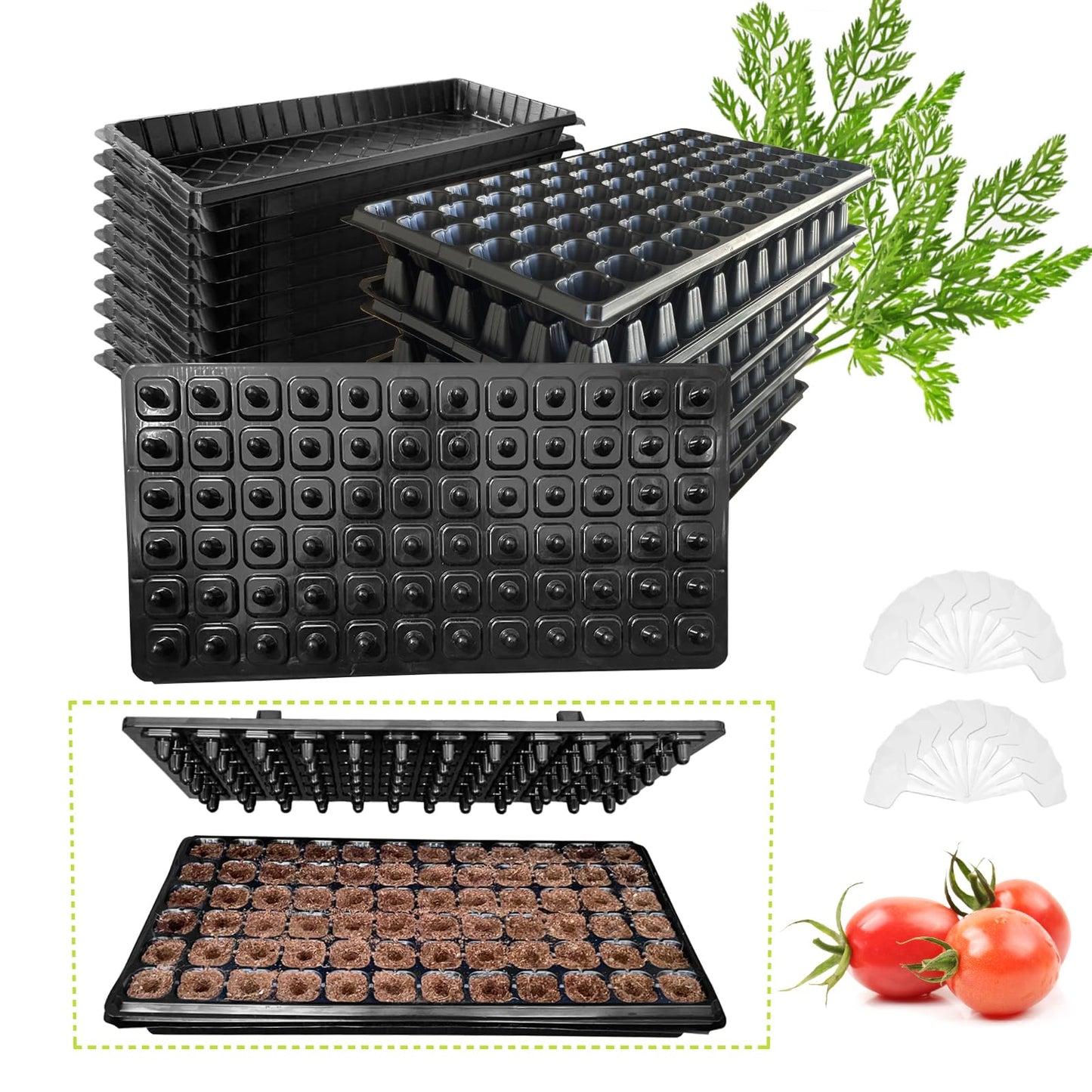 LARNORJE 72 Cell Seed Starter Trays with Dibber – 20 Pack Reusable Seedling Trays for Germination Propagation, 72 Hole Soil Digger for Quickly Setting Out, Gift for Gardener.