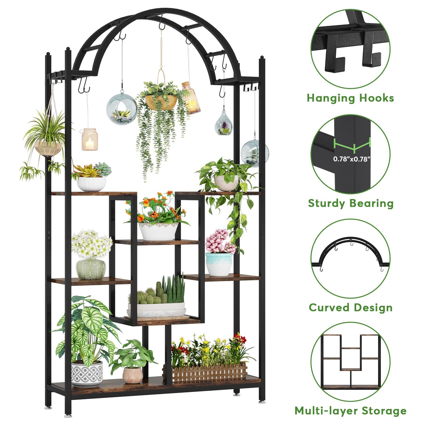 Tribesigns 5-Tier Tall Indoor Plant Stand, 74.8'' Arched Metal Flower Shelf with Hanging Hooks, Large Bonsai Pots Display Rack for Indoor, Balcony, Living Room