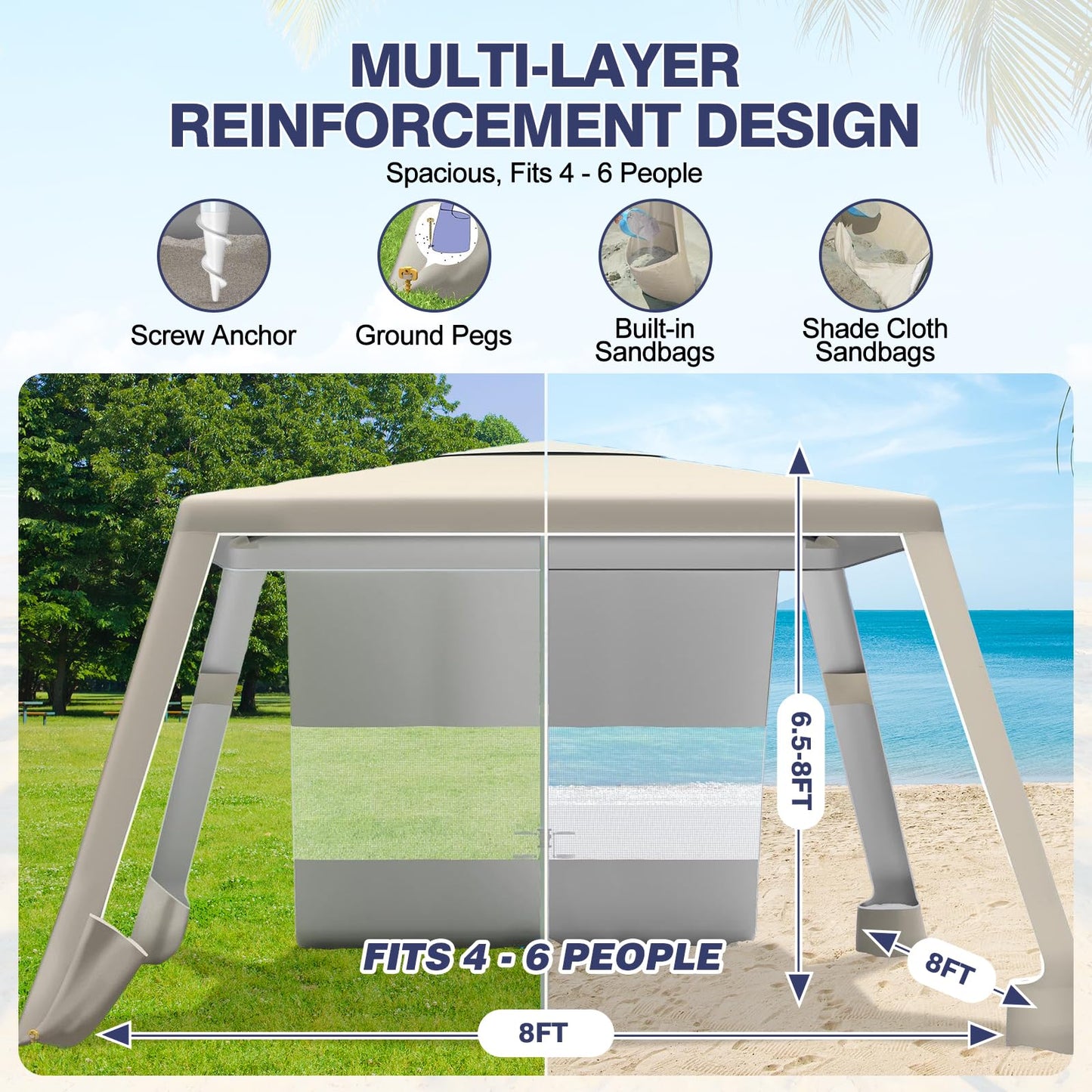 cepkquis Beach Tent,8'×8' Large Beach Canopy for 4-6 People,Easy Setup Beach Sun Shelter with UPF 50+ Protection,Adjustable Height & Wind Resistant Beach Cabana for Family,Party (Khaki - Solid)