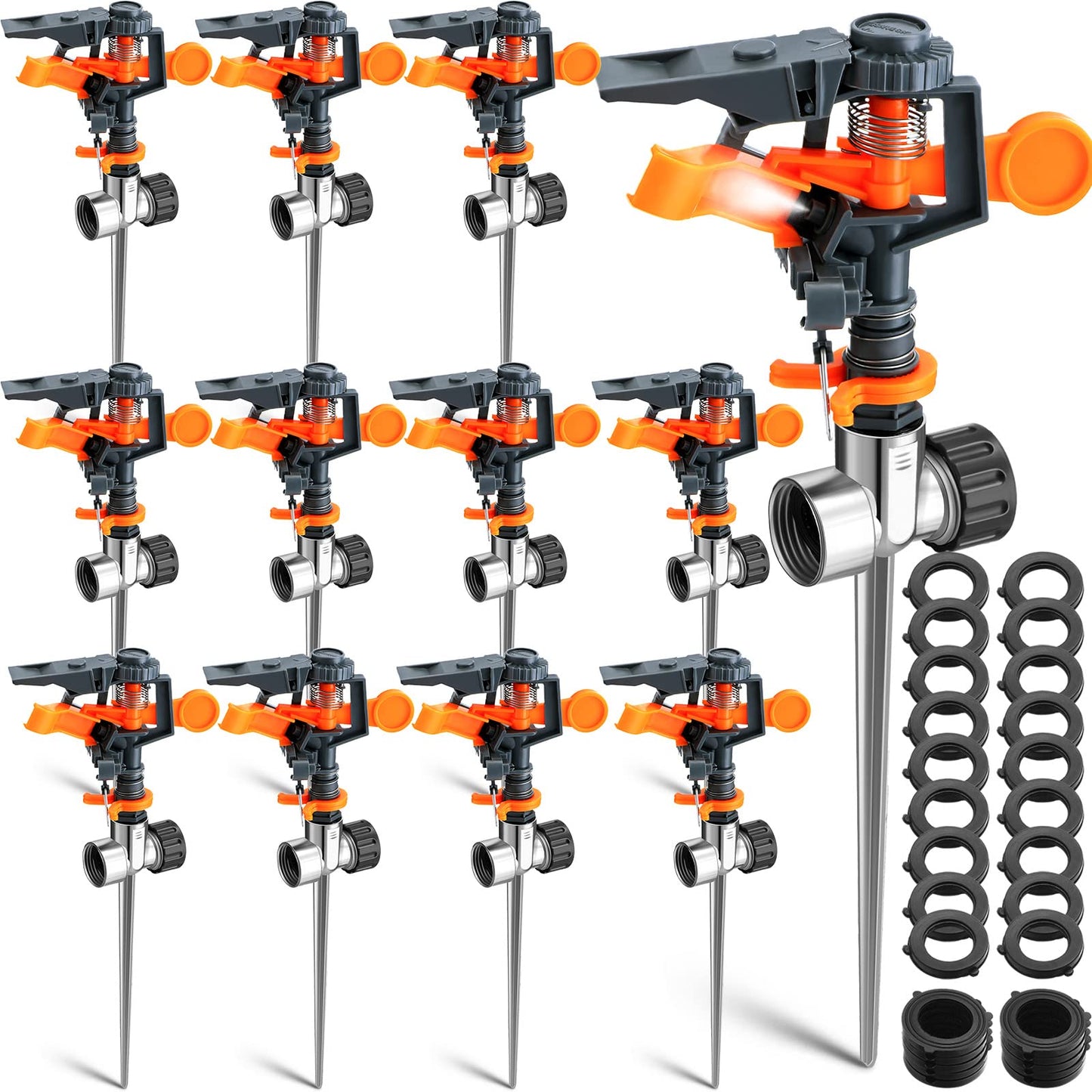 12 Pack Pulsating Sprinklers with Metal Spike, 360° Adjustable Rotating Impact Sprinkler Large Area Coverage Sprinklers for Yard Lawn Garden Above Ground Sprinkler System (Black and Orange)