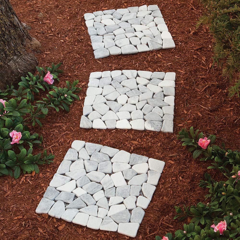 Bits and Pieces - Stepping Stones Outdoor Walkway - 12" Square Marble Landscaping Decorative Stepping Stones - Set of Three (3) - Backyard Decor Garden Pavers for Outside Walkway