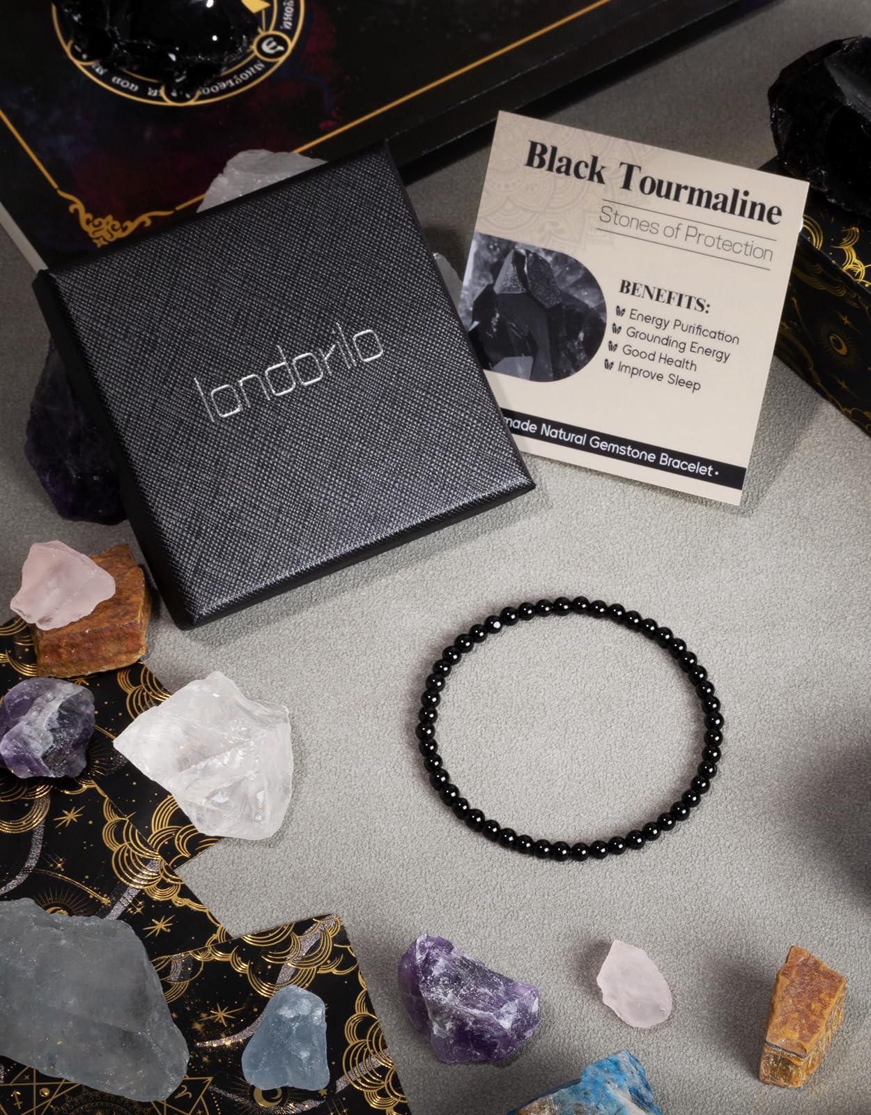 Landorilo Beaded Bracelet for Men Women, 4mm Natural Stone Black Tourmaline Healing Crystal Stretch Bracelets, Ideal Christmas Birthday Jewelry Gifts with Energy Card，Replacement Beads Included