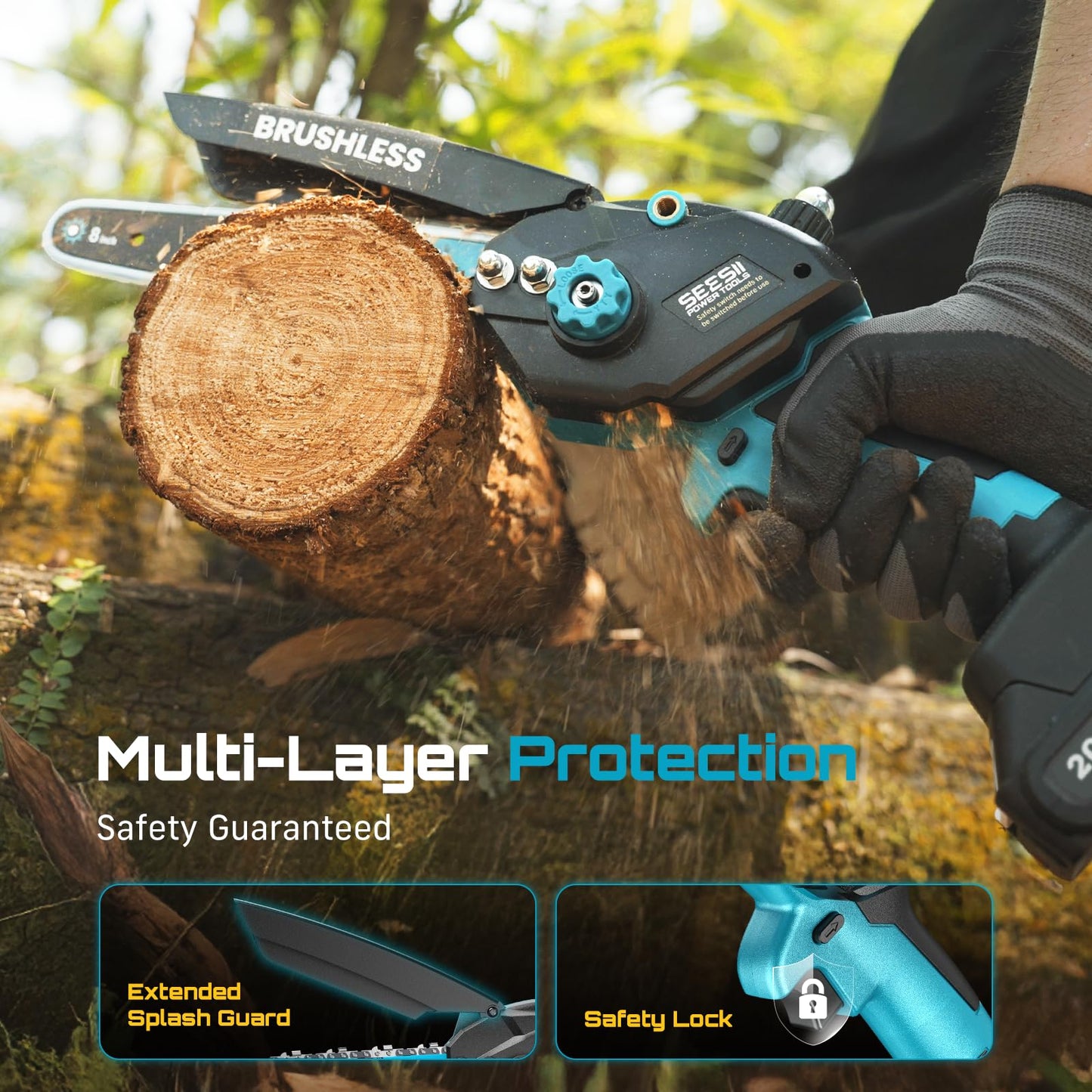 Seesii Mini Chainsaw Cordless, 8 Inch & 6 Inch Electric Chainsaw with 2 Batteries & Auto Oiler, 1000W Brushless Handheld Chain Saw for Tree Branch Wood Cutting, Garden Tools Gift for Men Dad Husband