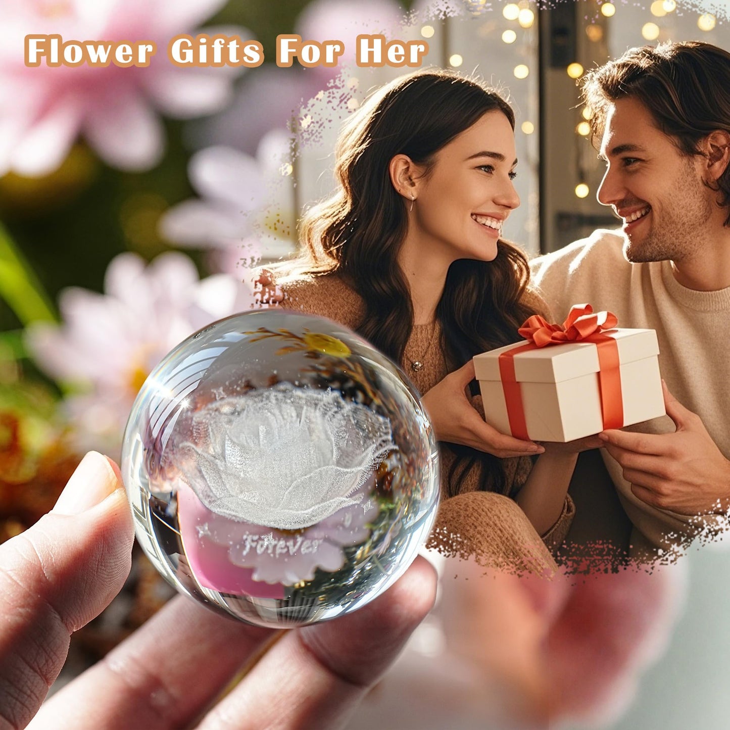 HDCRYSTALGIFTS 60mm 3D Inner Engraved Rose Flower Crystal Ball Paperweight with Sliver Stand Glass Sphere Rose Figurines Collectible Fengshui Decorative Ball Home Decor Gifts
