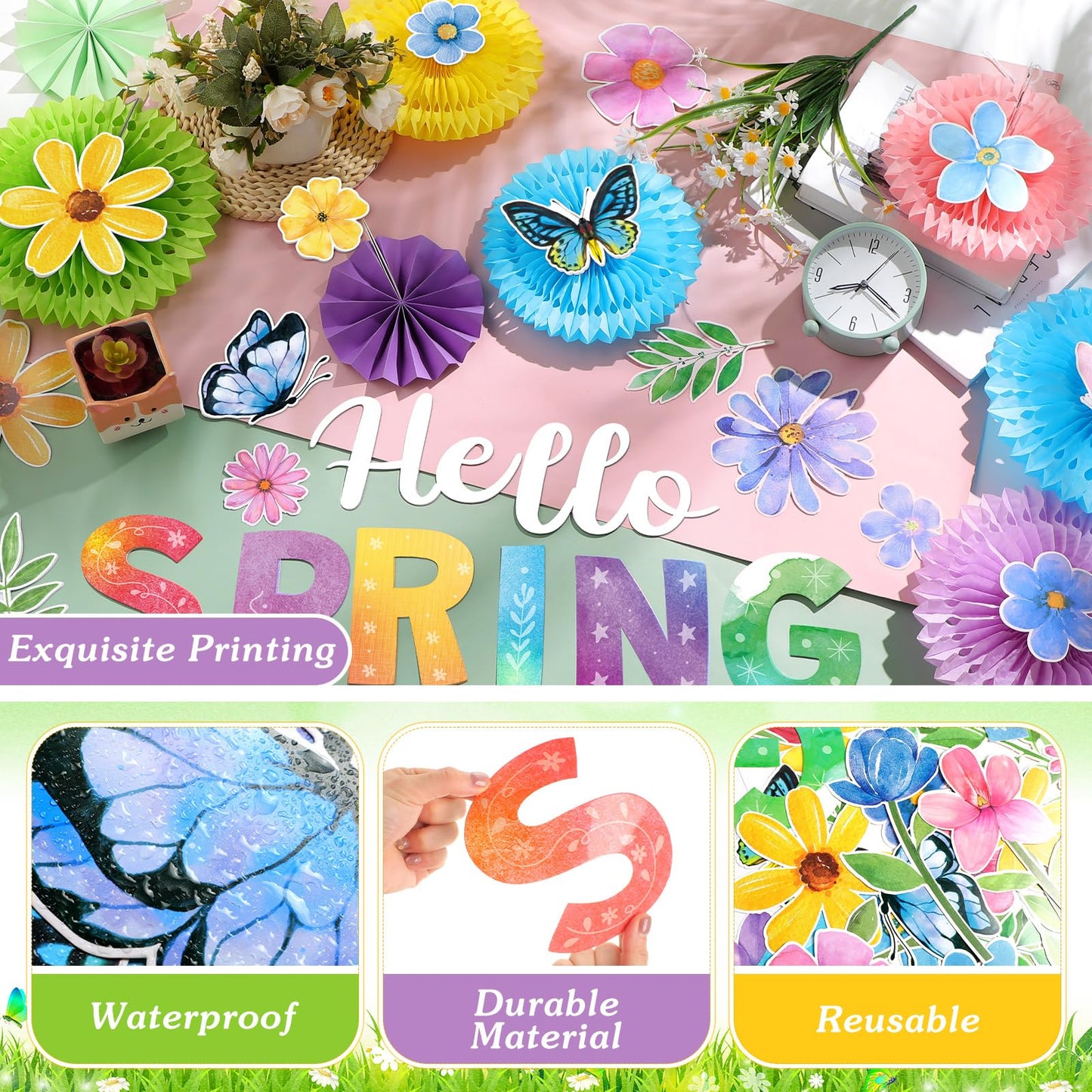 Fuutreo Spring Bulletin Board Set Hello Spring Flowers Cutouts Paper Fans Bulletin Board Border Classroom Decoration for School Office Home Teacher Wall Supply