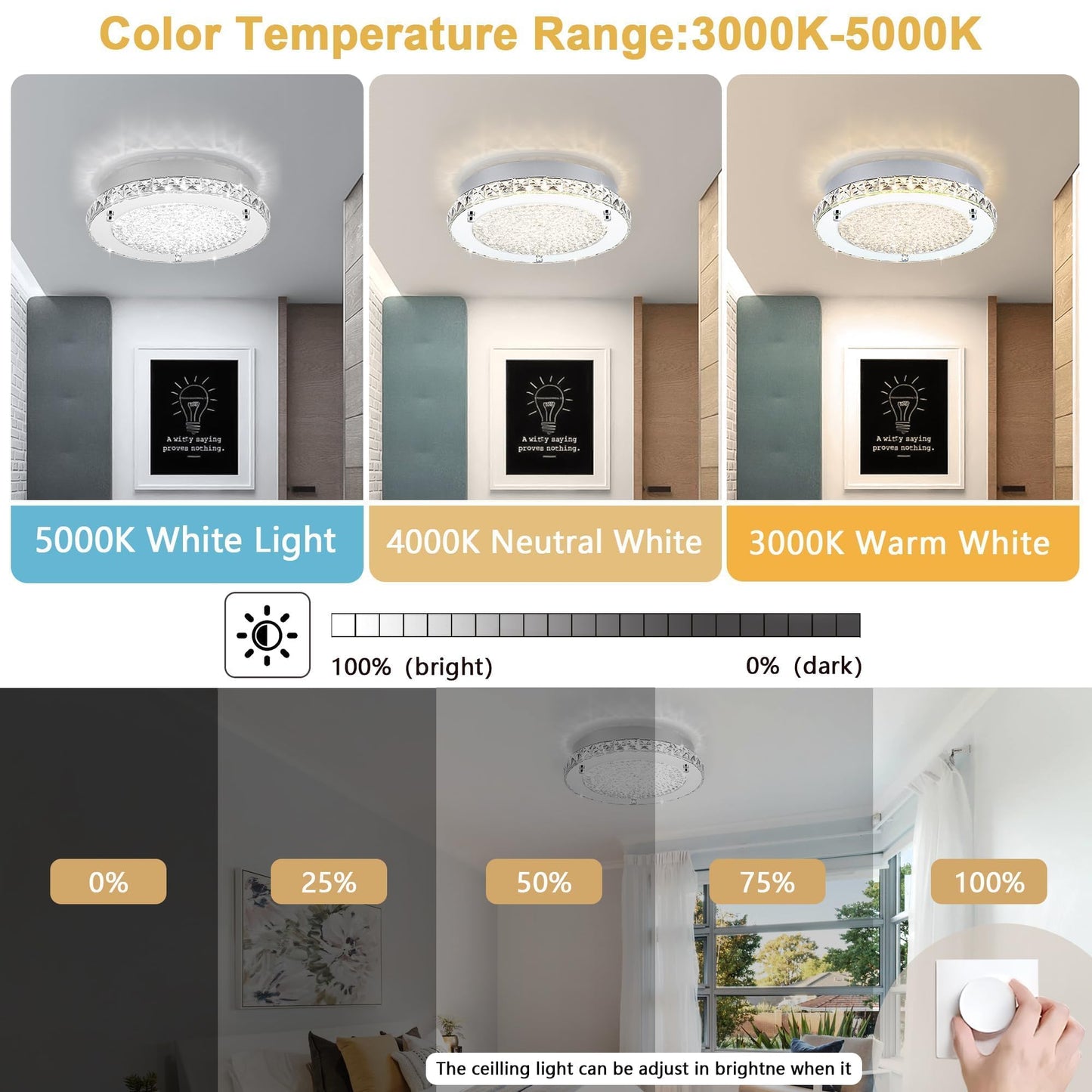 Lzawvm Crystal Flush Mount Ceiling Light 18W LED Dimmable Modern Ceiling Light for Bedroom, Closet, Foyer, Hallway, Dia 11 Inch, 3 Color Change