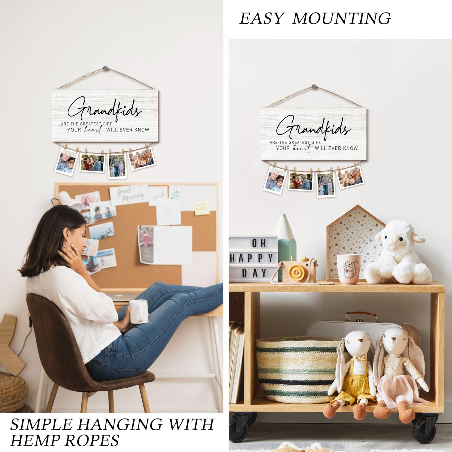 Foyoulame Grandkids Hanging Photo Display, Grandparents Grandchildren Wooden Picture Board for Photos, Christmas Birthday Gifts for Grandparents from Grandkids Decorative Photo Holder for Wall