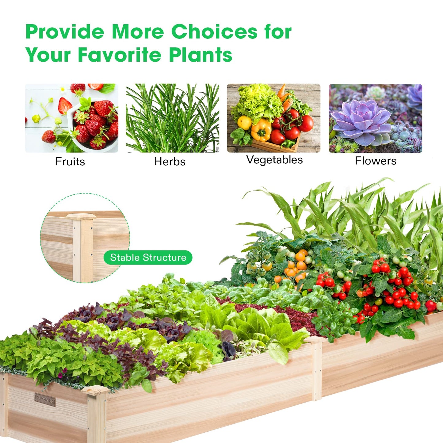 VIVOSUN 8×2Ft Wooden Raised Garden Bed, 97 x 25 x 11 Inches, Outdoor Wood Planter Box with Gloves and a Liner for Garden, Patio, Balcony, Backyard and Outdoors