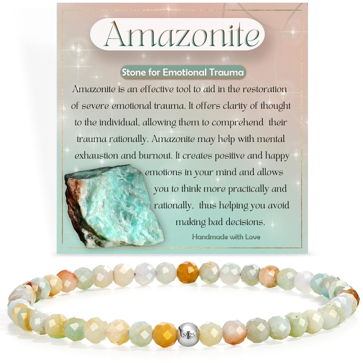 Farfume Amazonite - Emotional Trauma - Beaded Bracelets for Women,Handmade Natural Stone 4mm Beads 925 Sterling Silver Stretch Bracelets, Chakra Crystal Gemstone Jewelry Gifts for Mom