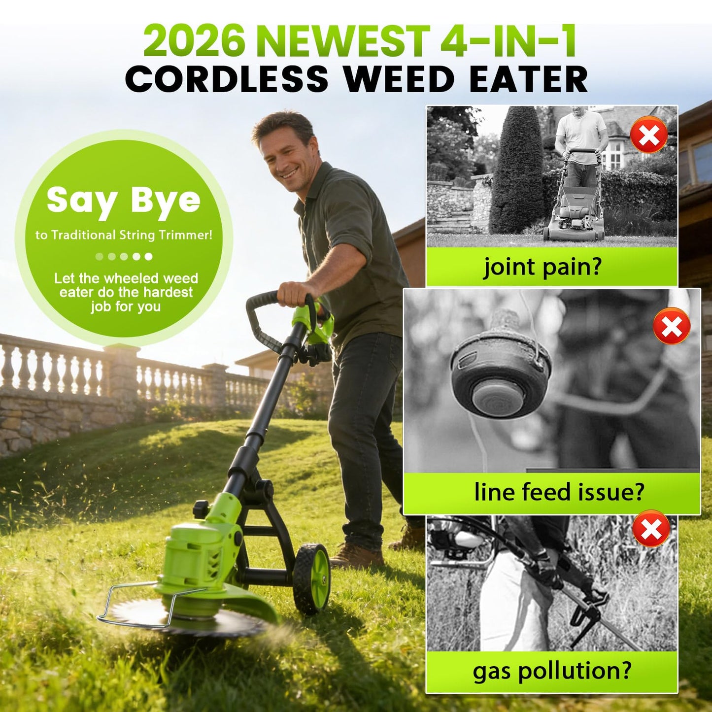 Electric Weed Wacker Cordless with Wheel, 4 in 1 Weed Eater Battery Powered Brush Cutter String Trimmer Edger, 4000mAh Stringless Weed Trimmer Lightweight Grass Trimmer Mower