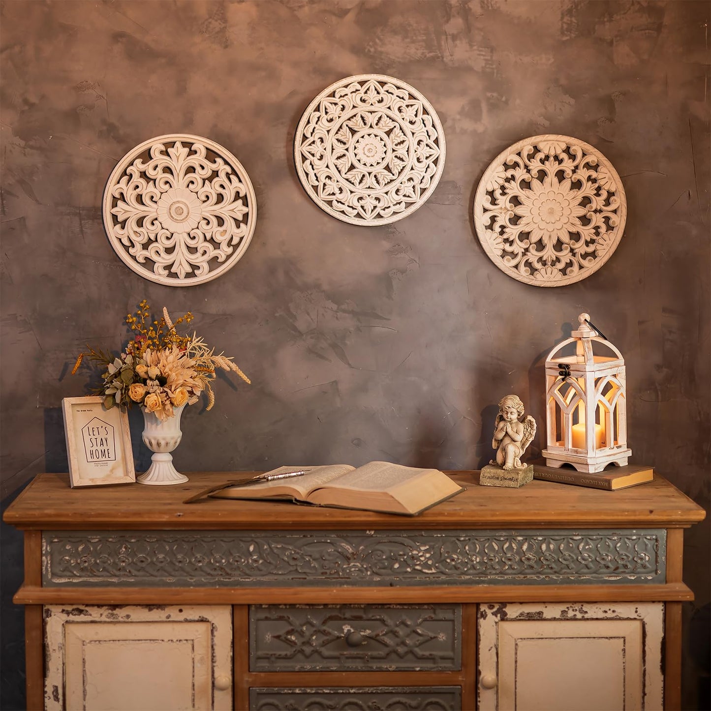 Walasis White Wall Decor Carved Medallion - Rustic Wood Wall Art Decorative Distressed Hanging Decorations Farmhouse Home Decoration for Living Room Bedroom Kitchen Bathroom Set of 3