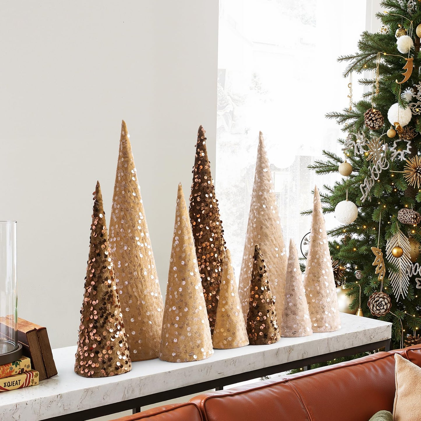 Bunny Chorus Christmas Table Décor: 9pcs Neutral Cone Christmas Trees with Earth Tones Glitter Sequins Surface, Modern Christmas Decorations for Xmas New Year Soft Cozy Winter Holiday Home Décor