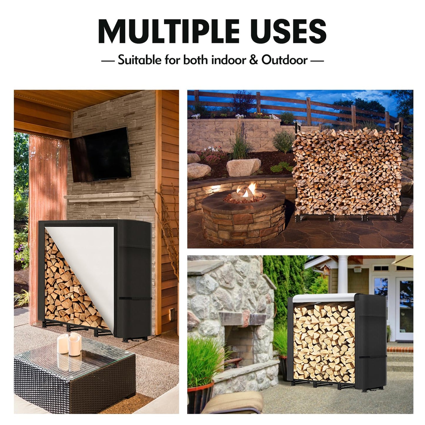 nalone 4FT Outdoor Firewood Rack with Cover, Heavy Duty Square Strong Stand Rack with Waterproof Cover for Fireplace Fire Pits Wood Pile Storage Holder Lumber Rack