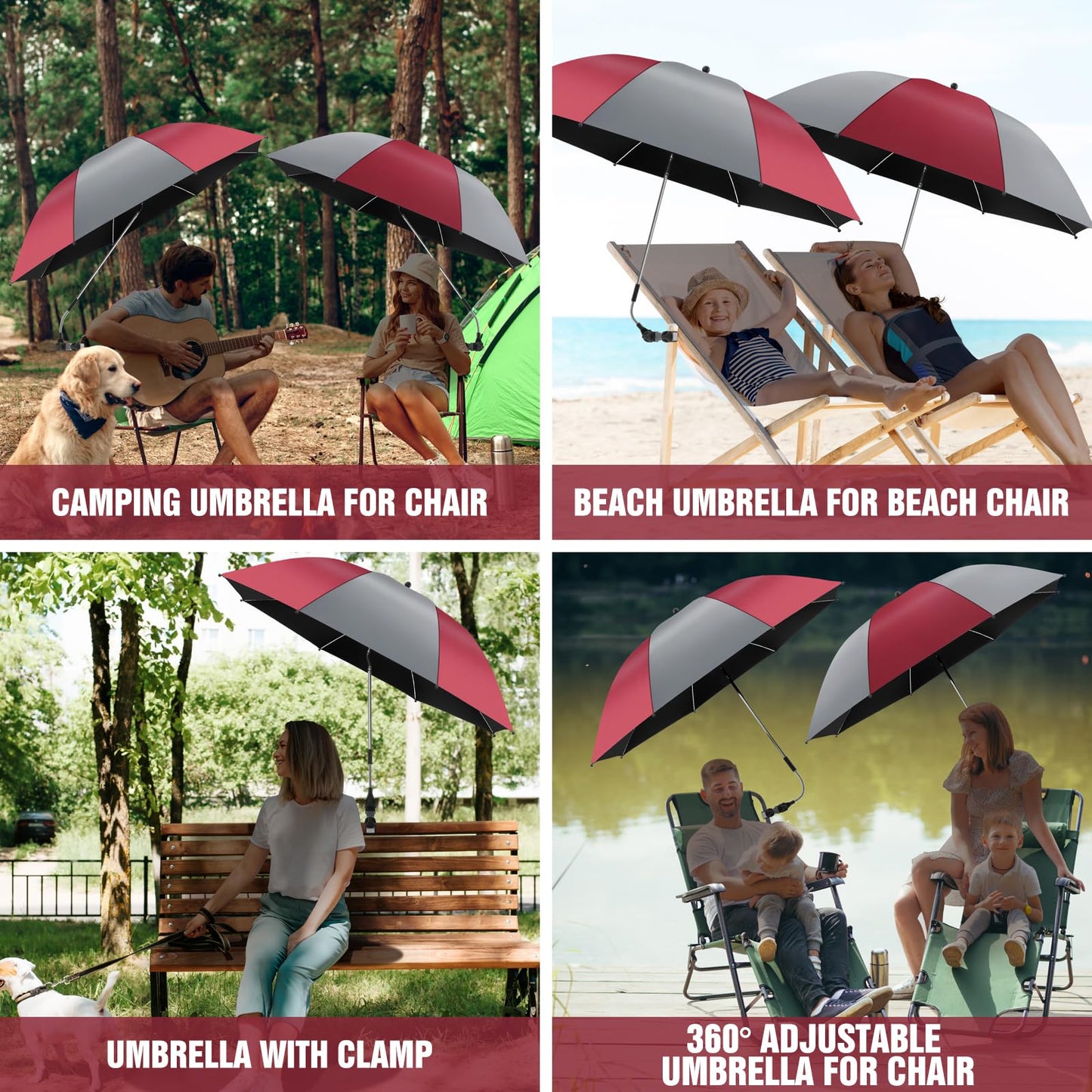 NBtoUS 2 Pack Chair Beach Umbrella with 360 Universal Clamp, UPF50+ Umbrella Outdoor Patio Sun Protection for Chairs, Beach &Patio Use (Grey/Wine Red)