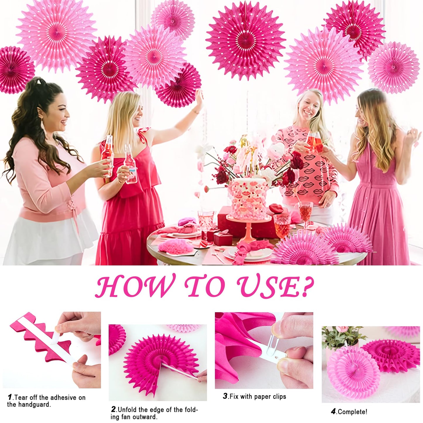 SUNBEAUTY Hanging Honeycomb Paper Fans, 12Pcs Hot Pink Hanging Tissue Paper Flowers Party Decorations for Wall, Pink Birthday Paper Decor for Baby Shower, Graduations, Bachelorette, Wedding, Room