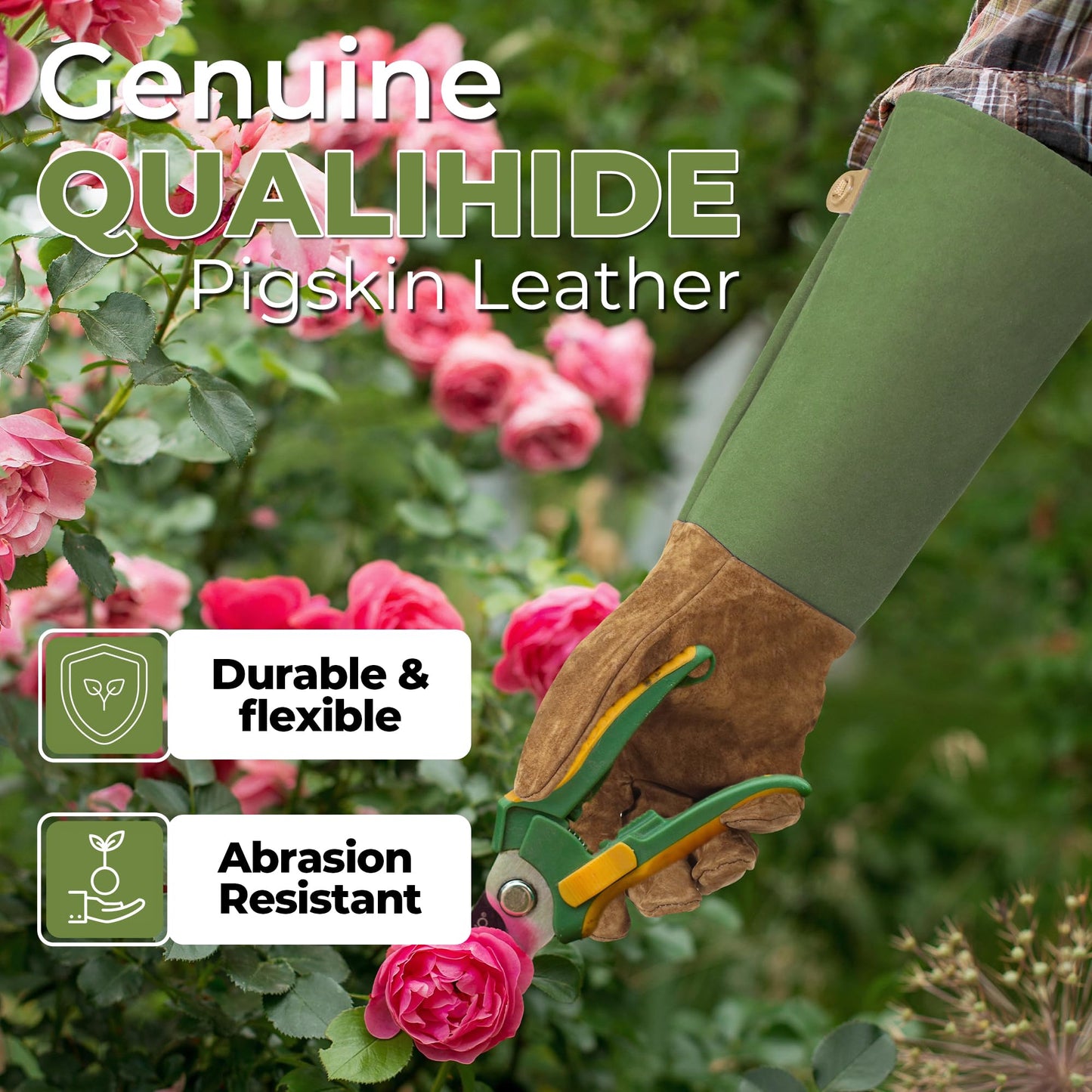 HANDLANDY Long Gardening Gloves for Men & Women, Pigskin Leather Rose Pruning Gloves, Breathable Thorn Proof Gauntlet Glove (Moss Green, M)