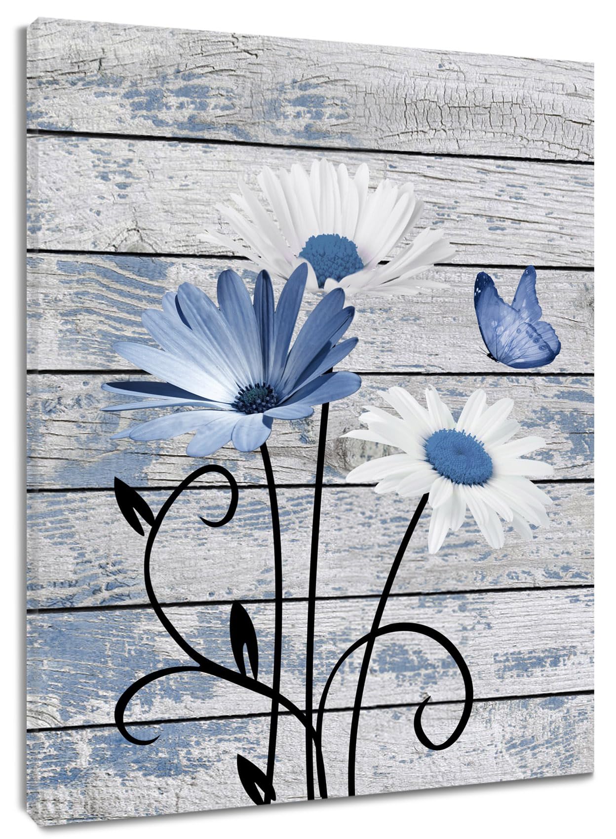 HVEST Farmhouse Floral Wall Art for Living Room, Blue and White Daisy Flower and Butterfly on Rustic Wood Board Canvas Wall Art Framed Artwork Ready to Hang for Bathroom Bedroom Decor, 16L X 12W
