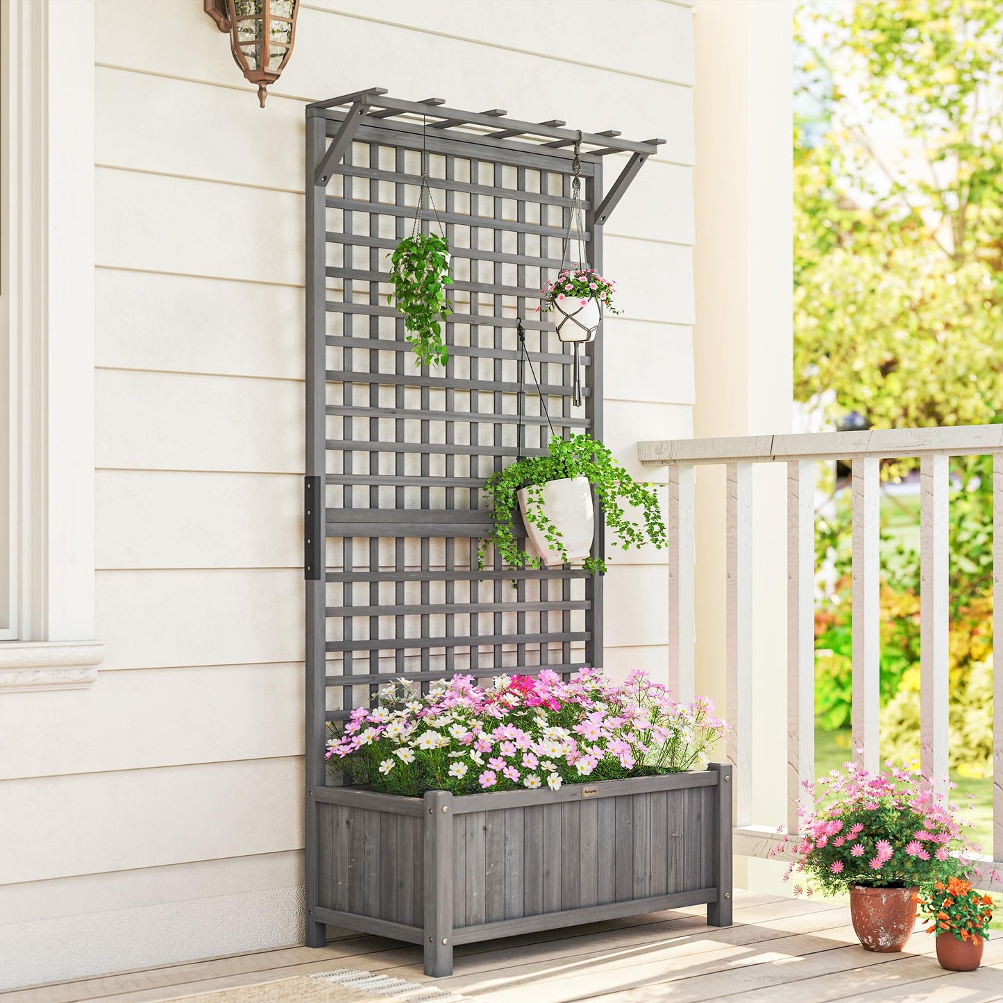 Outsunny Wood Planter with Trellis, Raised Garden Bed for Climbing Plants w/Drainage Holes and Roof, 35.5" x 17.75" x 72", Dark Gray