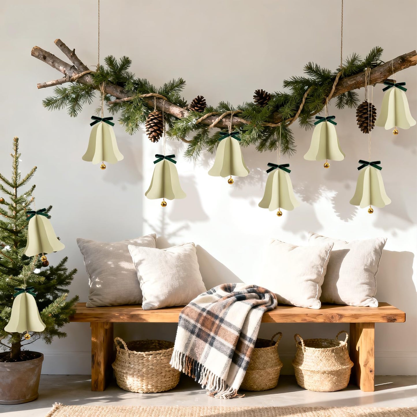 9PCS Mini Christmas Bell Ornament - Paper Hanging Jingle Bells Ornament for Christmas Tree Boho Paper Hanging Decorations for Xmas Holiday DIY Home Decor