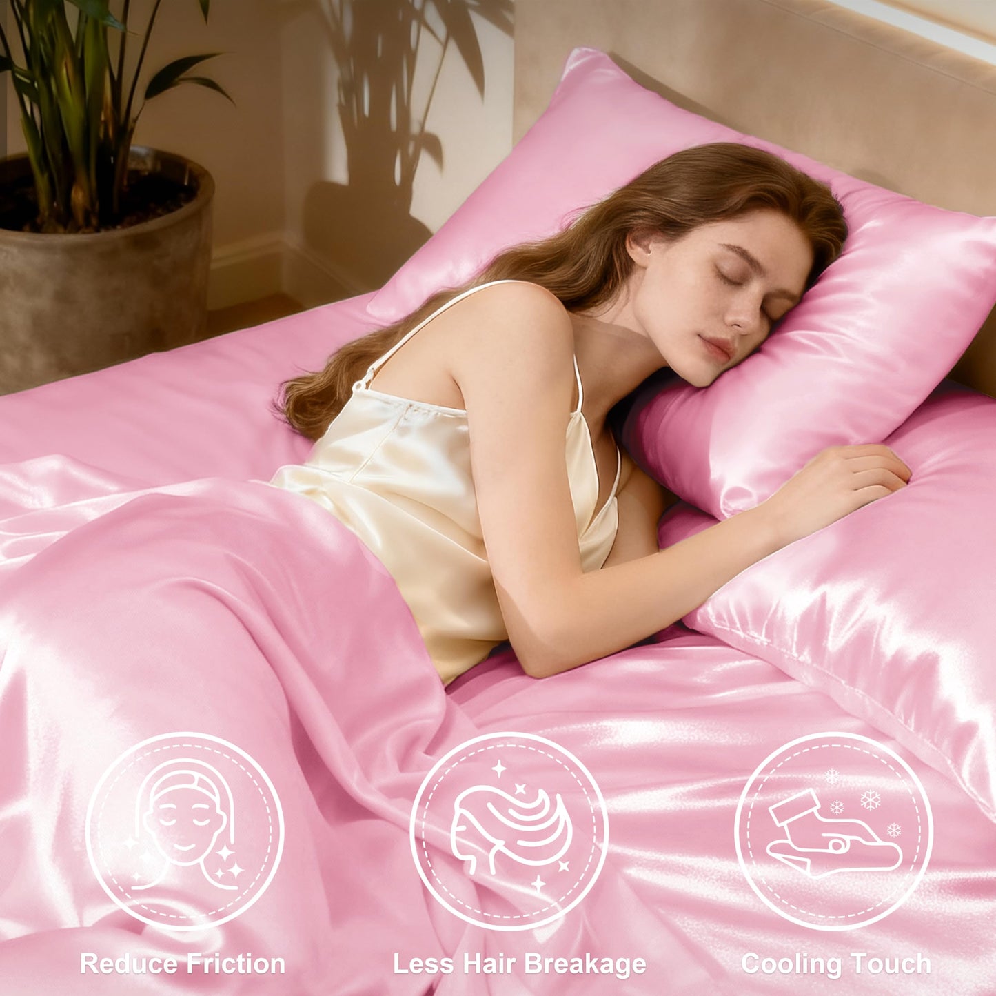 Love's cabin Satin Queen Sheets Set - 4 Piece Pink Silky Bed Sheets Set with Deep Pocket, Luxury Silk Feel Satin Queen Size Sheet Set (1 Flat Sheet, 1 Fitted Sheet, 2 Pillow Cases)