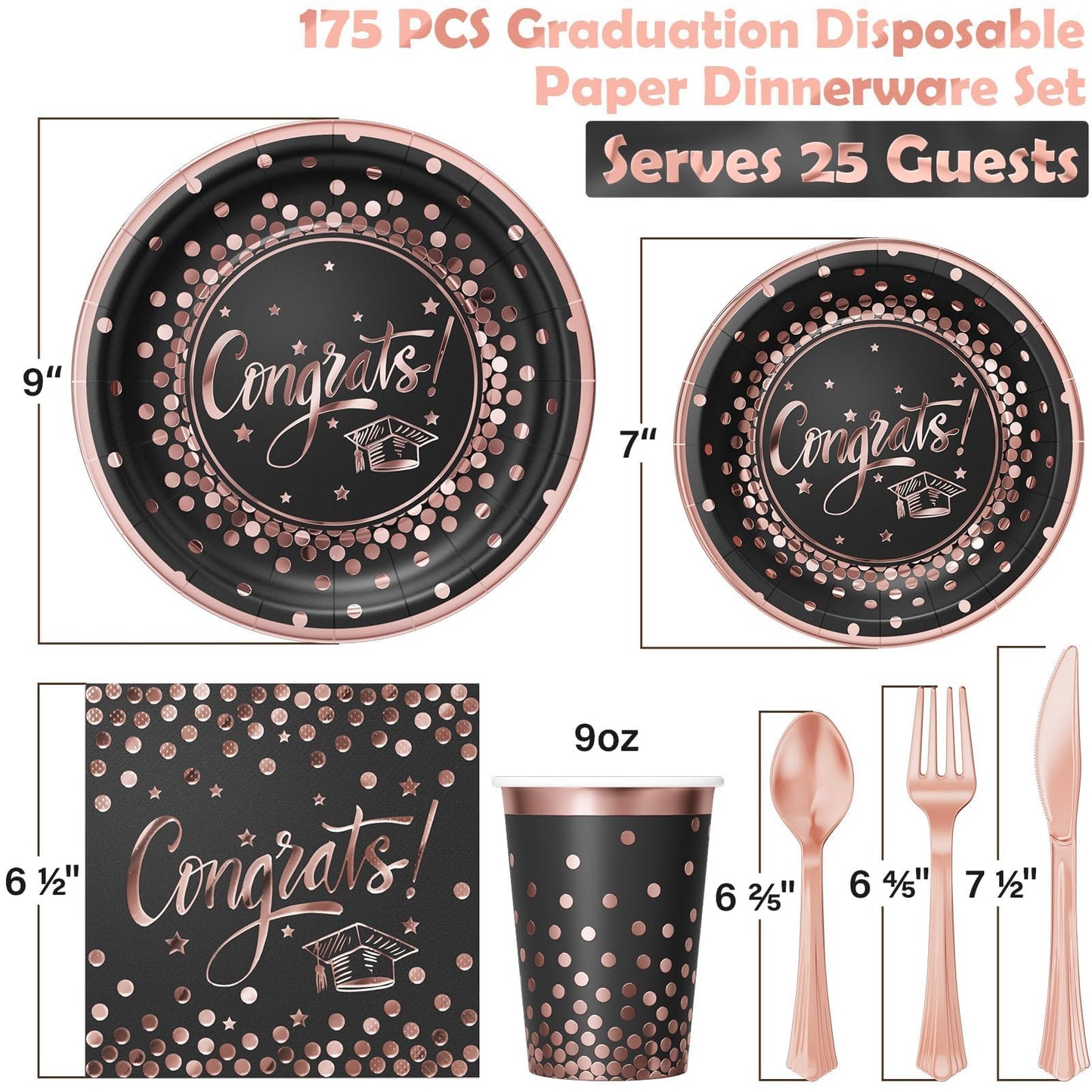 Ecomore 2026 Graduation Party Supplies - 175 PCS Congrats Grad Disposable Dinnerware Set w/Rose Gold Paper Plates Cups Napkins & Plastic Cutlery, Serves 25 Guests for School College Grad Celebration