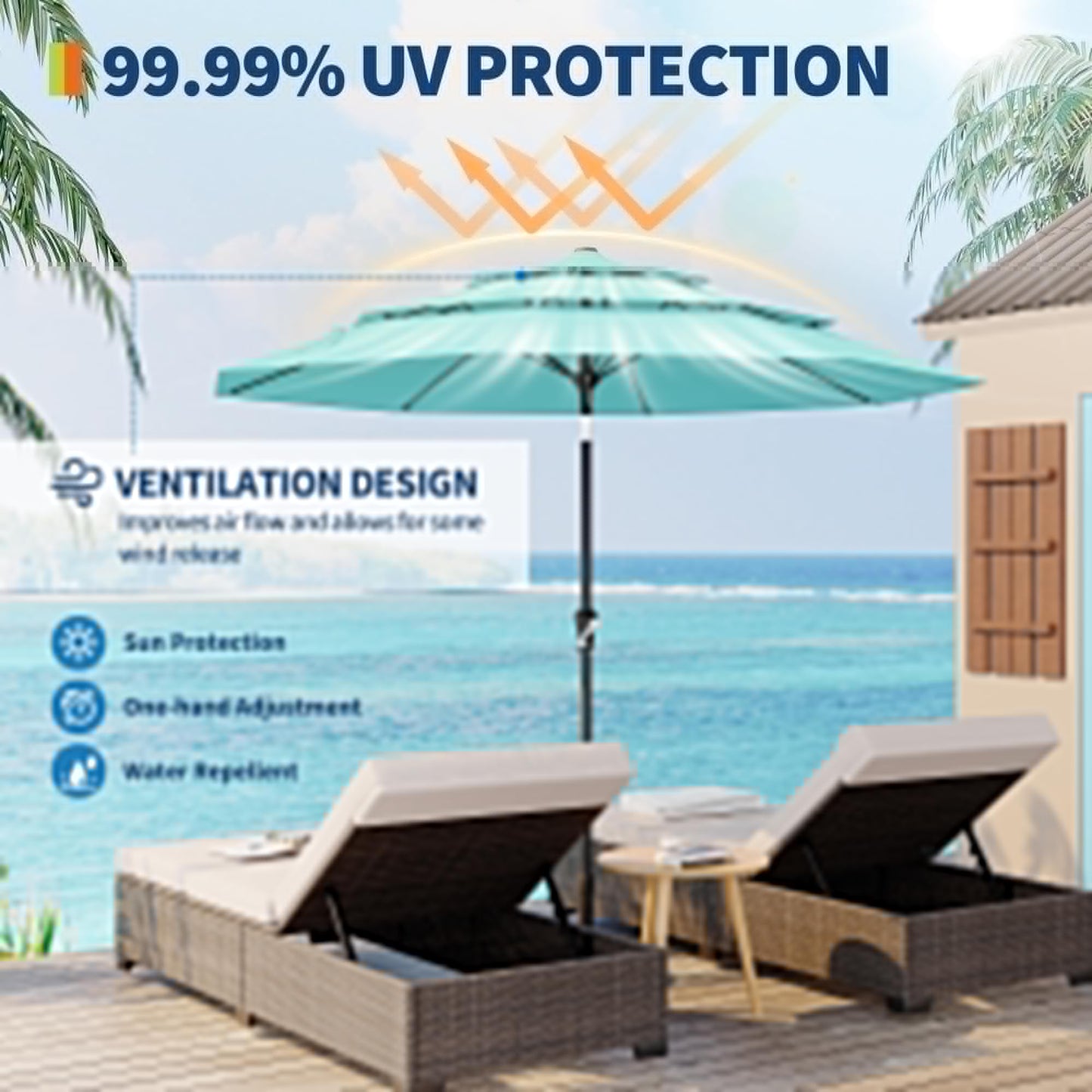 Garvee 9Ft Outdoor Patio Umbrella, 3-Tiers Market Umbrella with 8 Sturdy Ribs & Hand Crank, Outdoor Table Umbrella for Poolside, Beach, Garden(Blue)