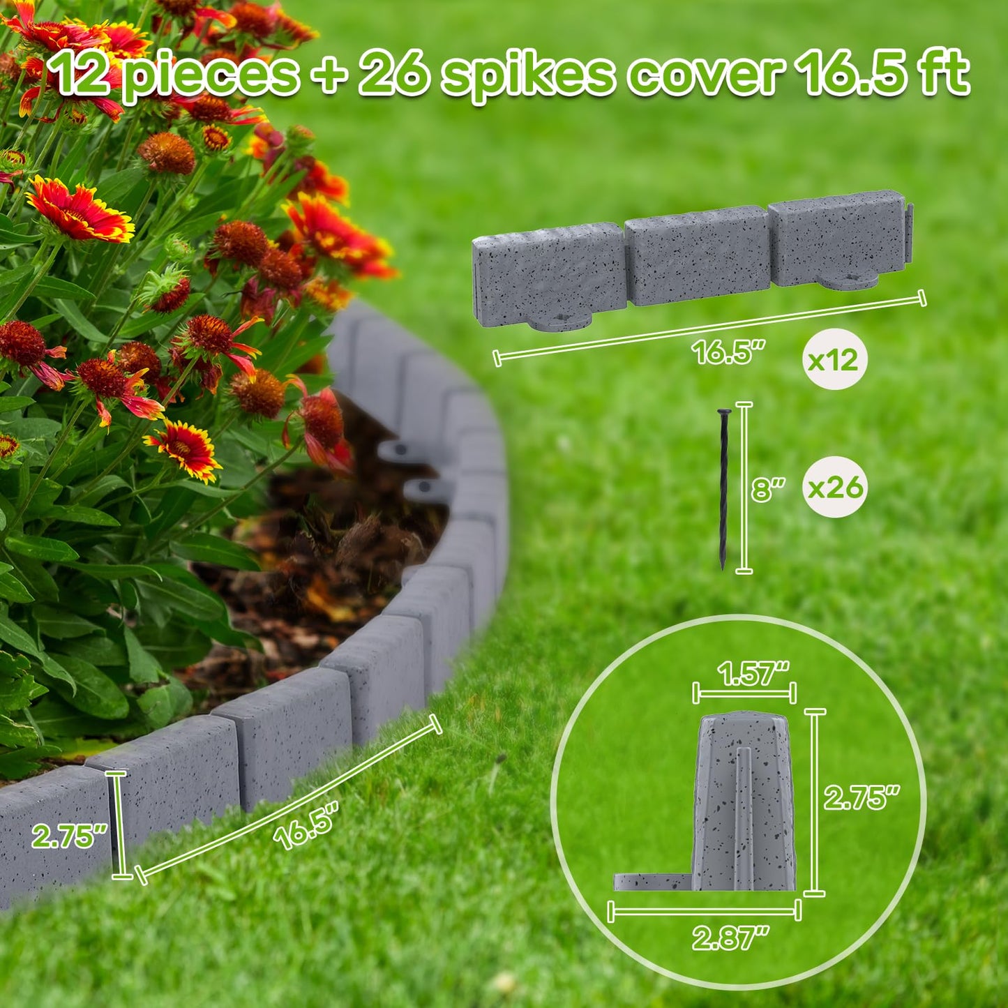 AGTEK Garden Edging 16FT Landscape Edging Kit 2.75 Inch Height Decorative Garden Border No Dig Lawn Border for Yard Flower Bed with 26 Stakes, Grey