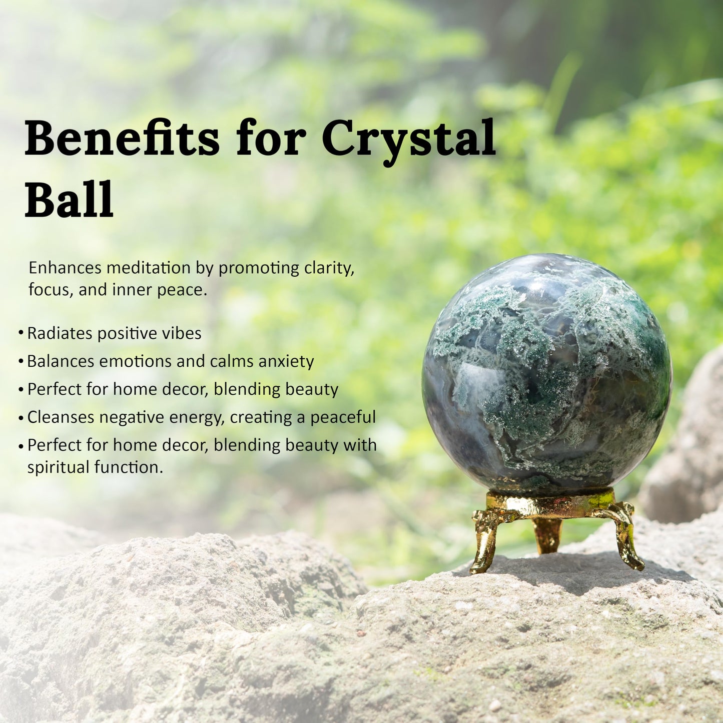 Crocon 50mm Tree Agate Stone Sphere Ball with Metal Stand 1400+ Carats Gemstone Ball Healing Sphere Sculpture Figurine for Fengshui Divination Home Decoration Photography Crystal Sphere