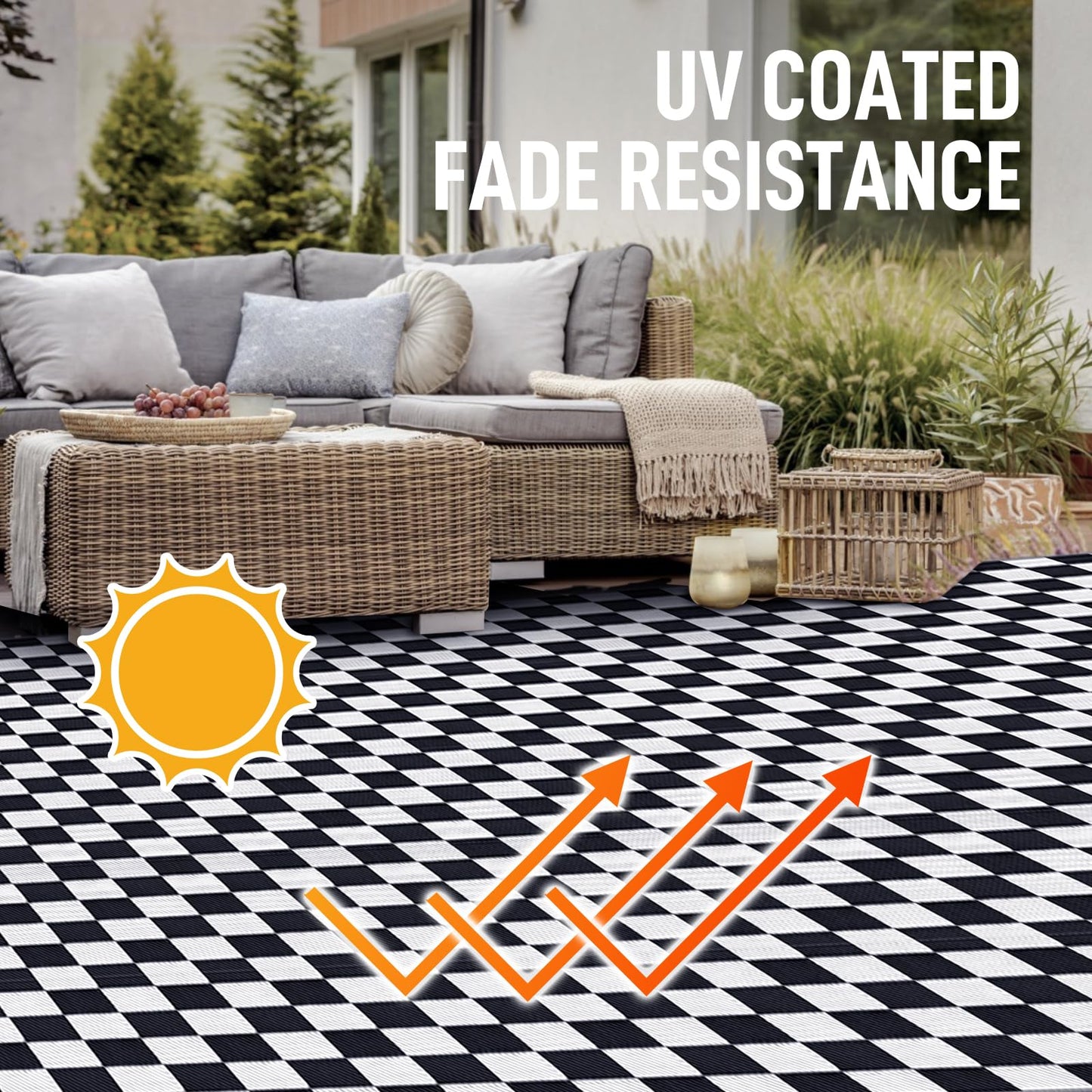 GOTGELIF Black and White Classic Checkerboard Outdoor Area Rug 9x18FT, Reversible & Water-Resistance & Portable Plastic Straw Rug for RV Trips, Picnic, Camping, Outdoor, Garden, Patio