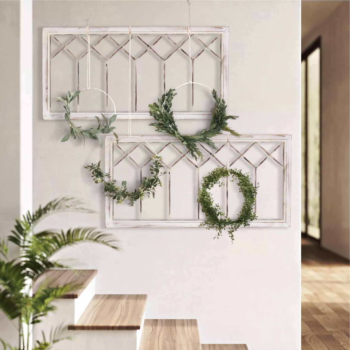 Oakrain Wood Window Frame Wall Art, 39"x 20" Rustic Wall Decor, Farmhouse Window Pane Decor for Wall, Decorative Wall Sculptures for Living Room, Bedroom, Entryway, Hallway, Distressed White
