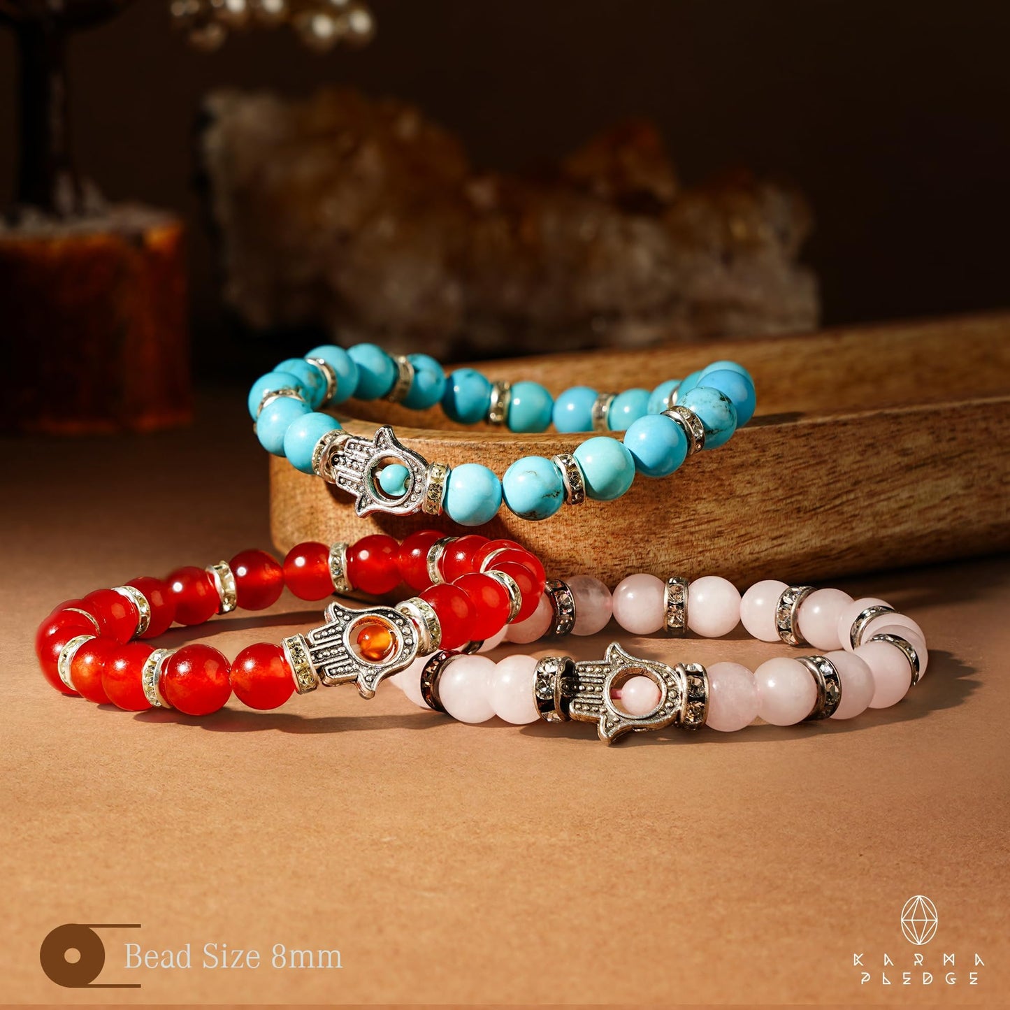 Healing Crystal Bracelet, Chakra Bracelets for Women & Men, Bracelet for Meditation, Positive Energy & Balance, Handmade Bracelets Crystal by Karma Pledge (Turquoise, Carnelian and Rose Quartz)