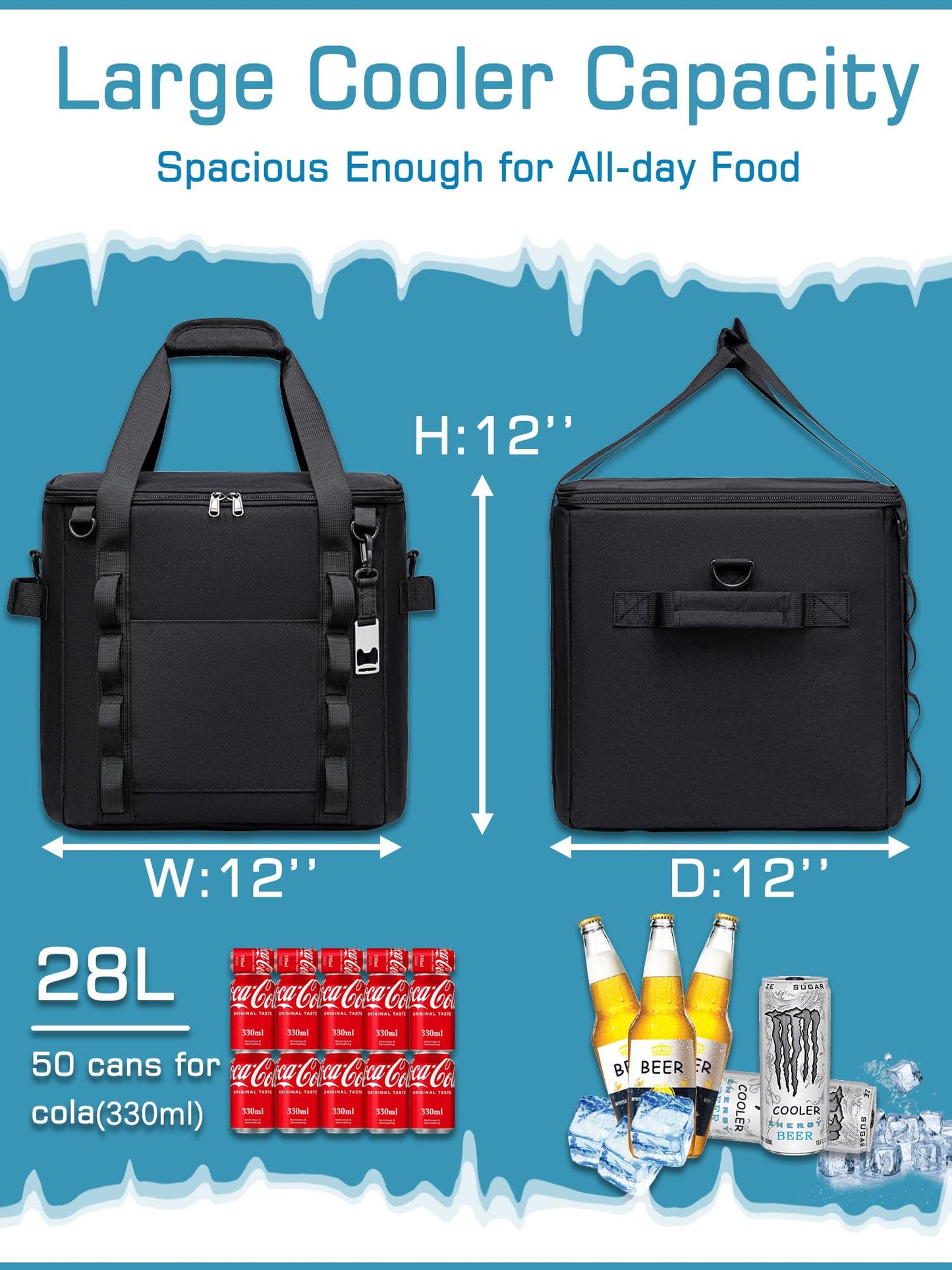 Insulated Soft Cooler Bag 12"x12"x12" Large Leakproof Soft Sided Ice Chest for Travel Beach Camping, 50 Cans Portable Cooler Box for Grocery Shopping, Road Trips, Light Grey