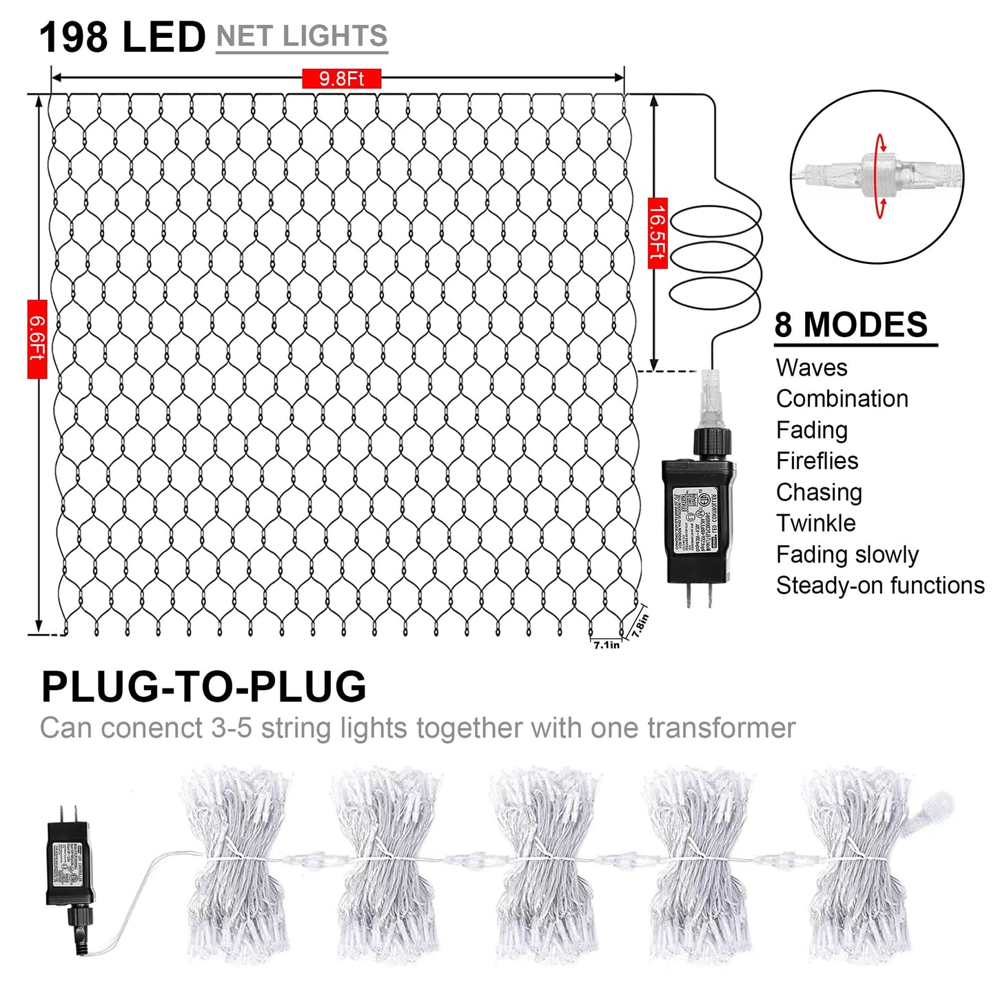 weillsnow 198 LED Halloween Net Lights,9.8FT*6.6FT Connectable Plug in Waterproof Mesh Lights with 8 Modes, Halloween Decorations Outdoor for House, Garden, Bush Decor