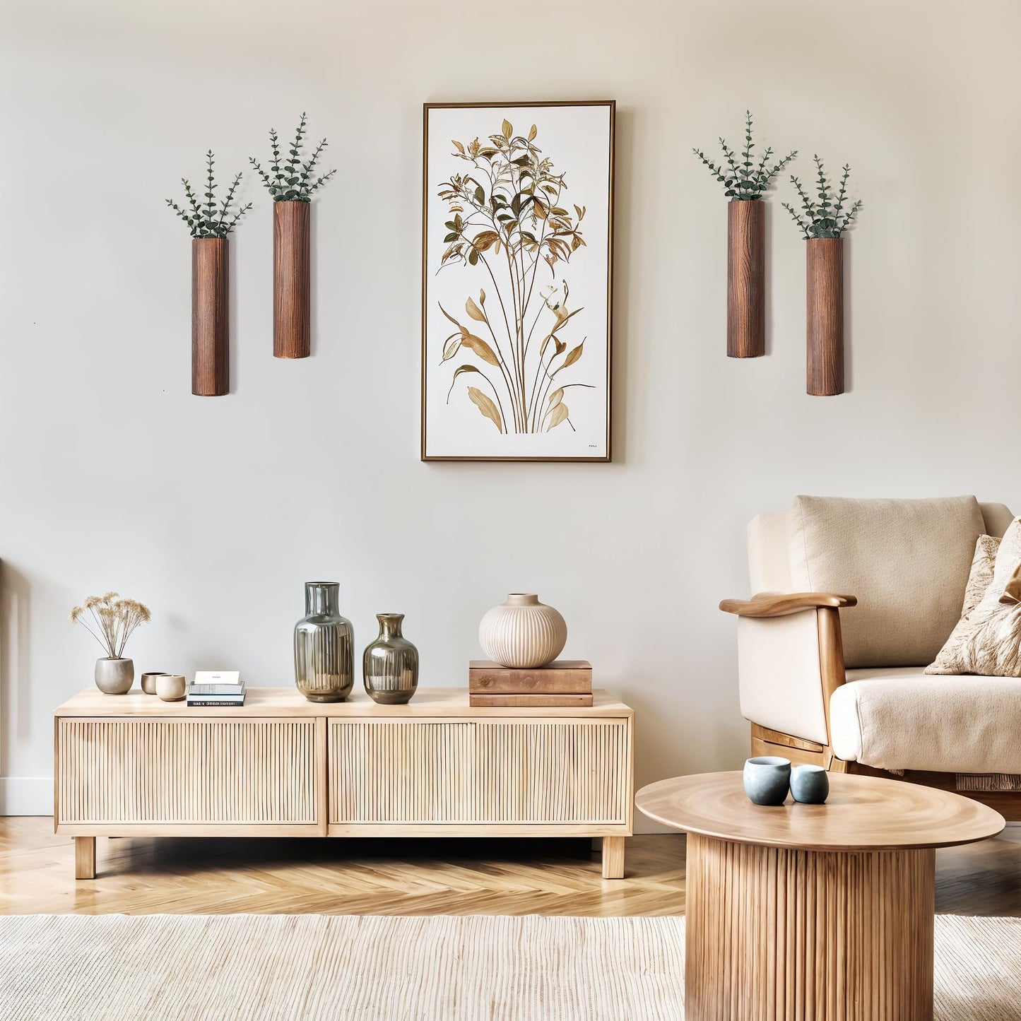 Fttoyoly Wood Wall Planter with 20 pcs Artificial Eucalyptus, Modern Decor for Living Room Bedroom Bathroom Entryway, Farmhouse Boho Wall Vases for Dried Flowers and Faux Plants - 4 Pack