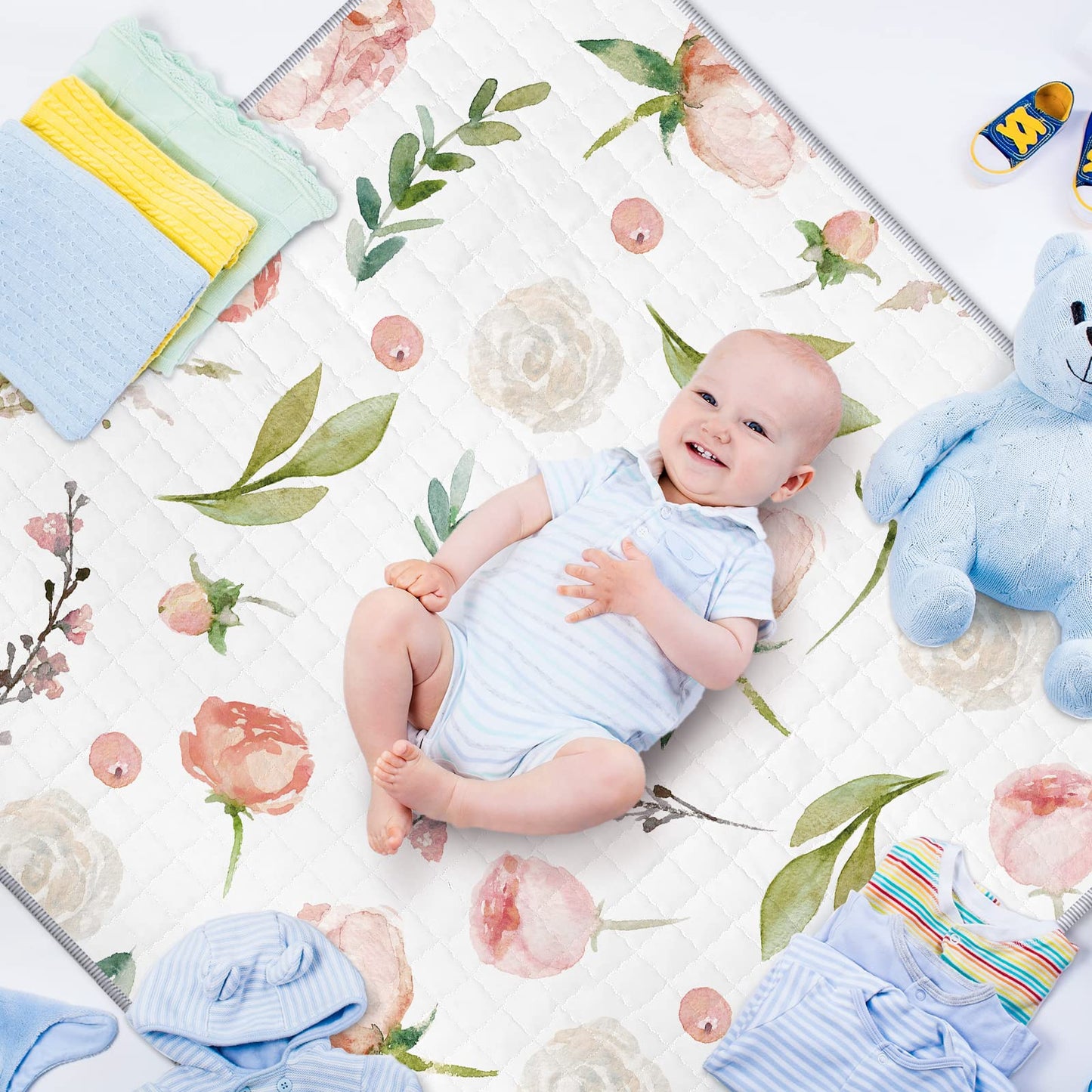 Funtery 43 x 43 Inch Boho Baby Play Mat Portable Crawling Washable Foldable Tummy Time Non Slip Baby Floor Large Playpen Mat for Infants Toddlers Floor Playpen Activity(Flower Theme)