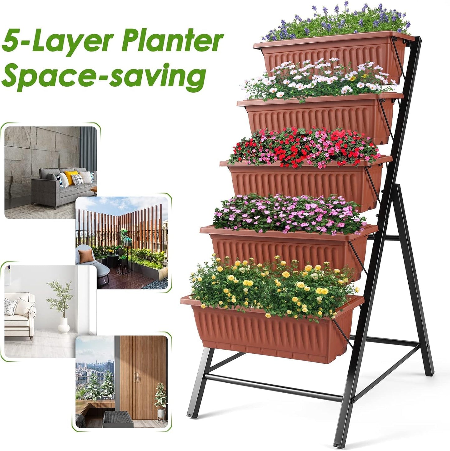 Suyncll 2 Pack Vertical Raised Garden Bed, 5 Tiers Elevated Planter Box with Drainage System and 4 Hooks, 4FT Vertical Planter for Herbs Vegetables Flowers, Dark Red