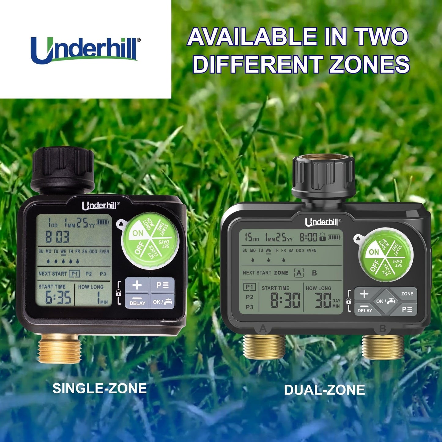 Underhill AquaVision Digital Hose Timer, Dual Zone Automatic Garden Water Timer with LCD Display, Programmable Irrigation Controller for Sprinklers, Drip Systems & Garden Hose Faucets
