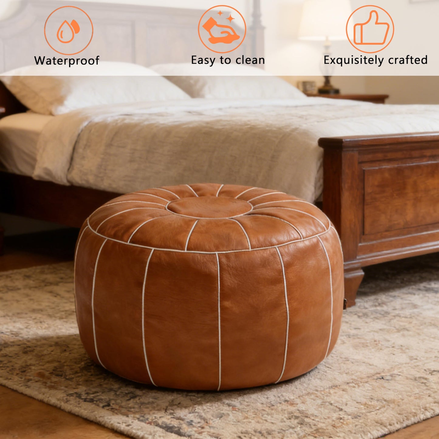 Thgonwid Unstuffed Moroccan Storage Pouf Foot Stool Ottoman Seat Handmade Faux Leather Bean Bag Floor Chair Foot Rest for Living Room, Bedroom or Balcony (Brown)