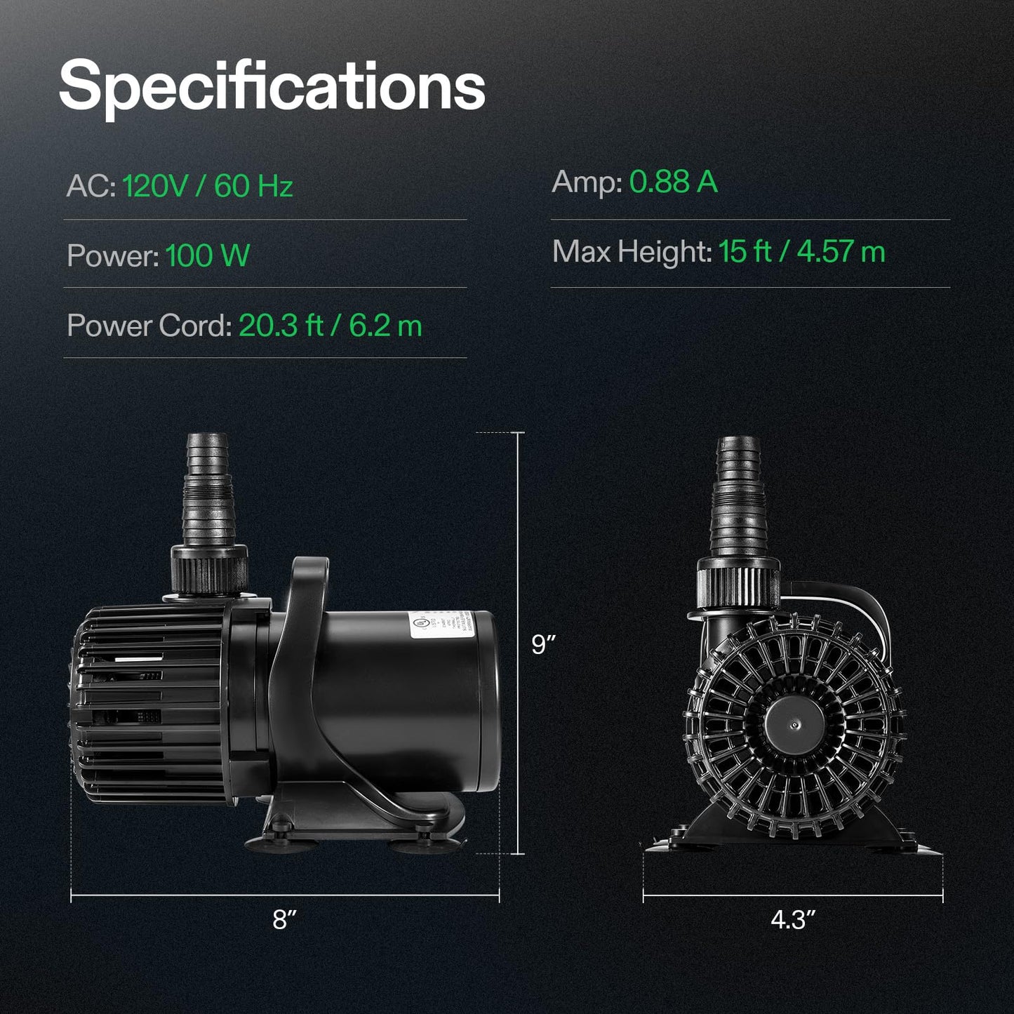 VIVOSUN 1600 GPH Submersible Water Pump, 100W Pond Pump, Ultra Quiet Aquarium Pump with 15FT. Lift Height for Pond, Waterfall, Fish Tank, Statuary, Hydroponic