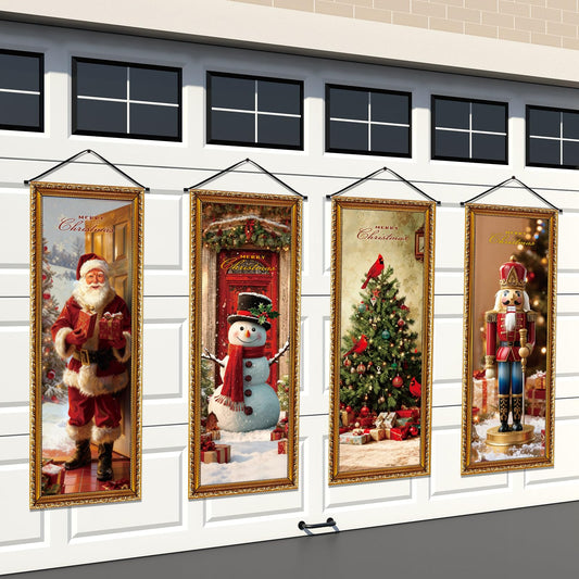 Panelee 4 Pcs Christmas Porch Banners Snowman Santa Nutcracker Xmas Tree Stretching Portraits Wall Decorations Christmas Porch Sign Backdrop for Xmas Indoor Outdoor Wall Hanging Decor