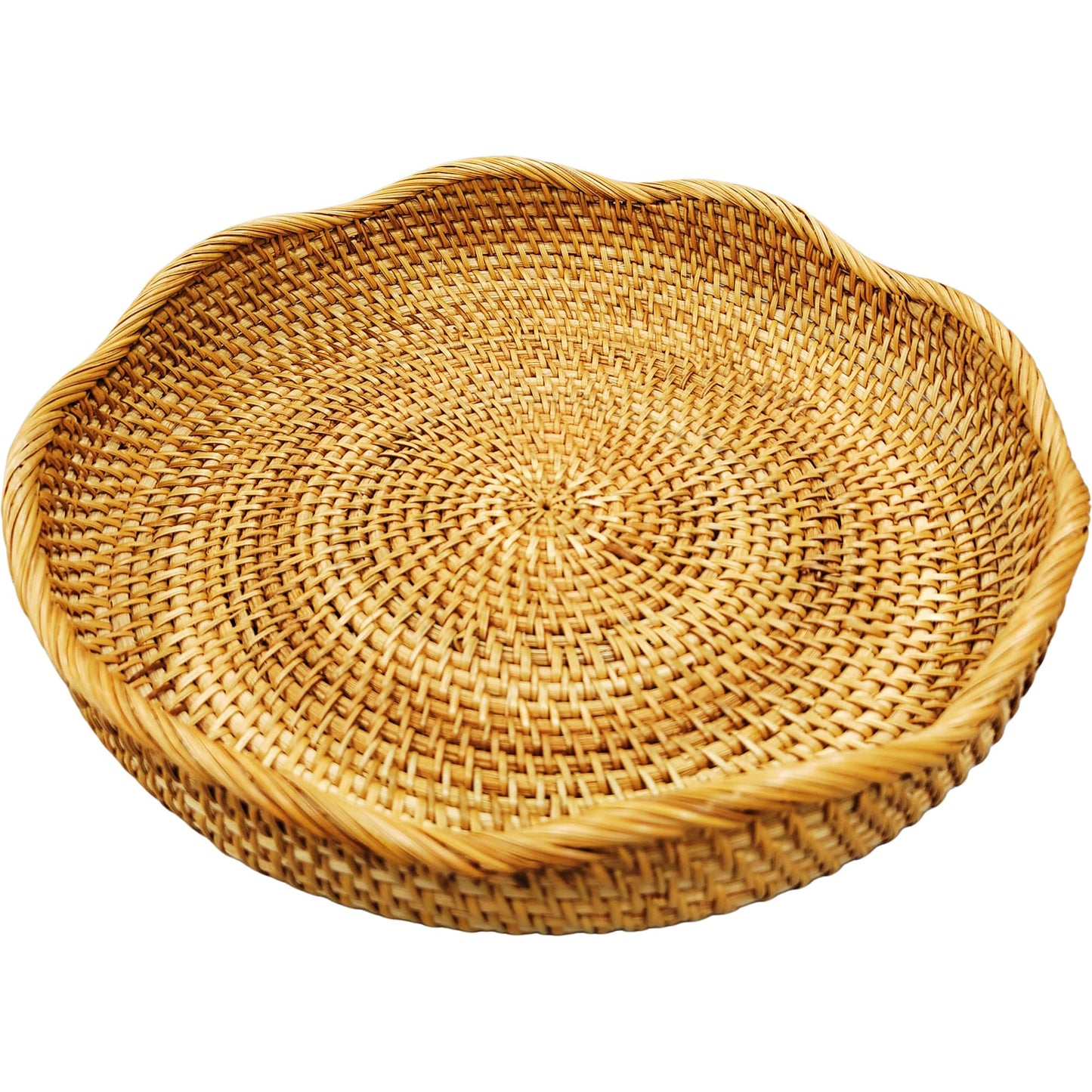 chicapica Large 16" Handwoven Rattan Serving Tray & Fruit Basket, Natural Wicker Decorative Bowl for Kitchen Island, Rustic Farmhouse Entryway Organizer & Boho Table Centerpiece