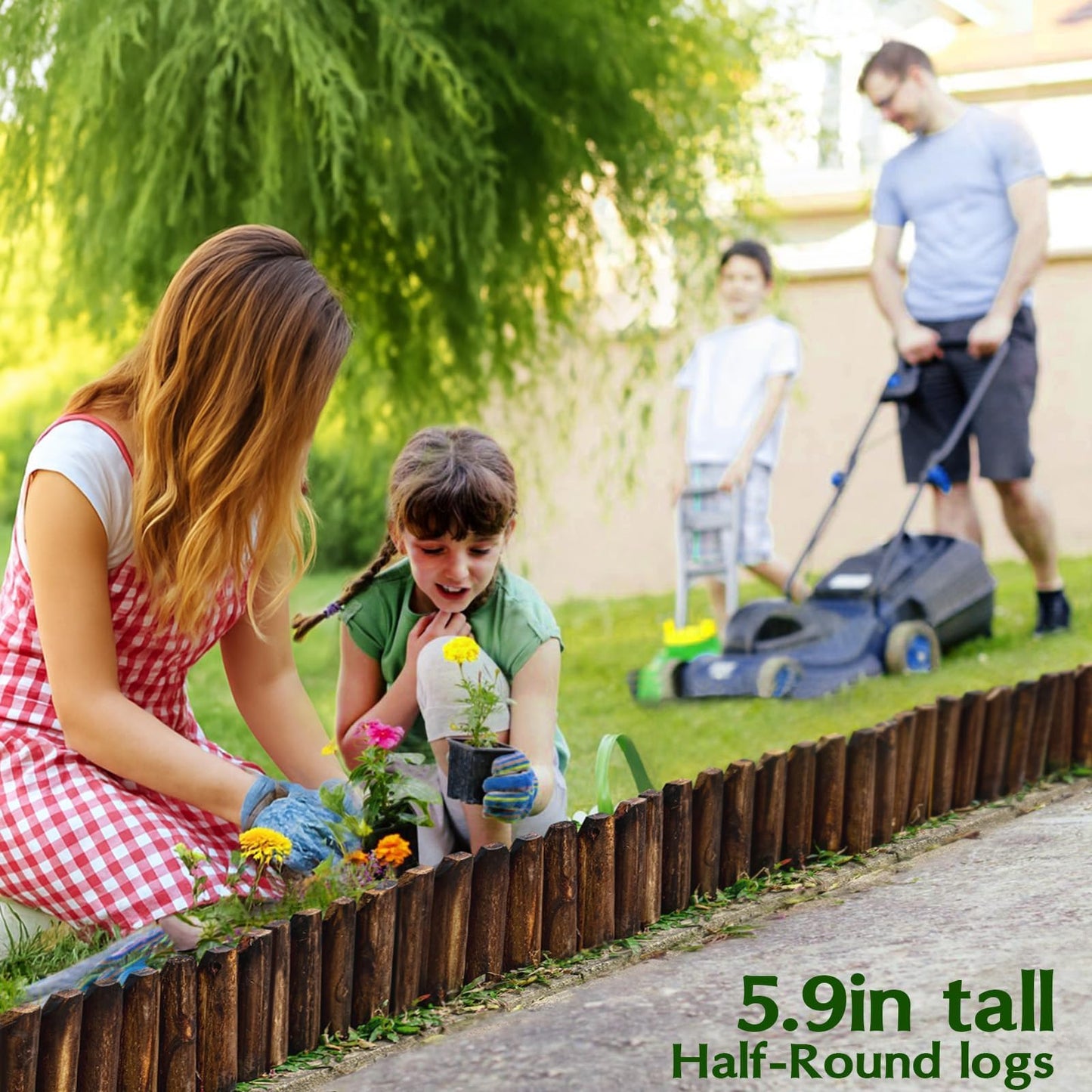 Wood Garden Edging for Landscaping – Half-Round Border Fence for Flower Beds， Pathways & Patio， Natural Decorative Wooden Panels for Garden Landscaping， 7.8in H x 4.0 ft L (1 Pack)
