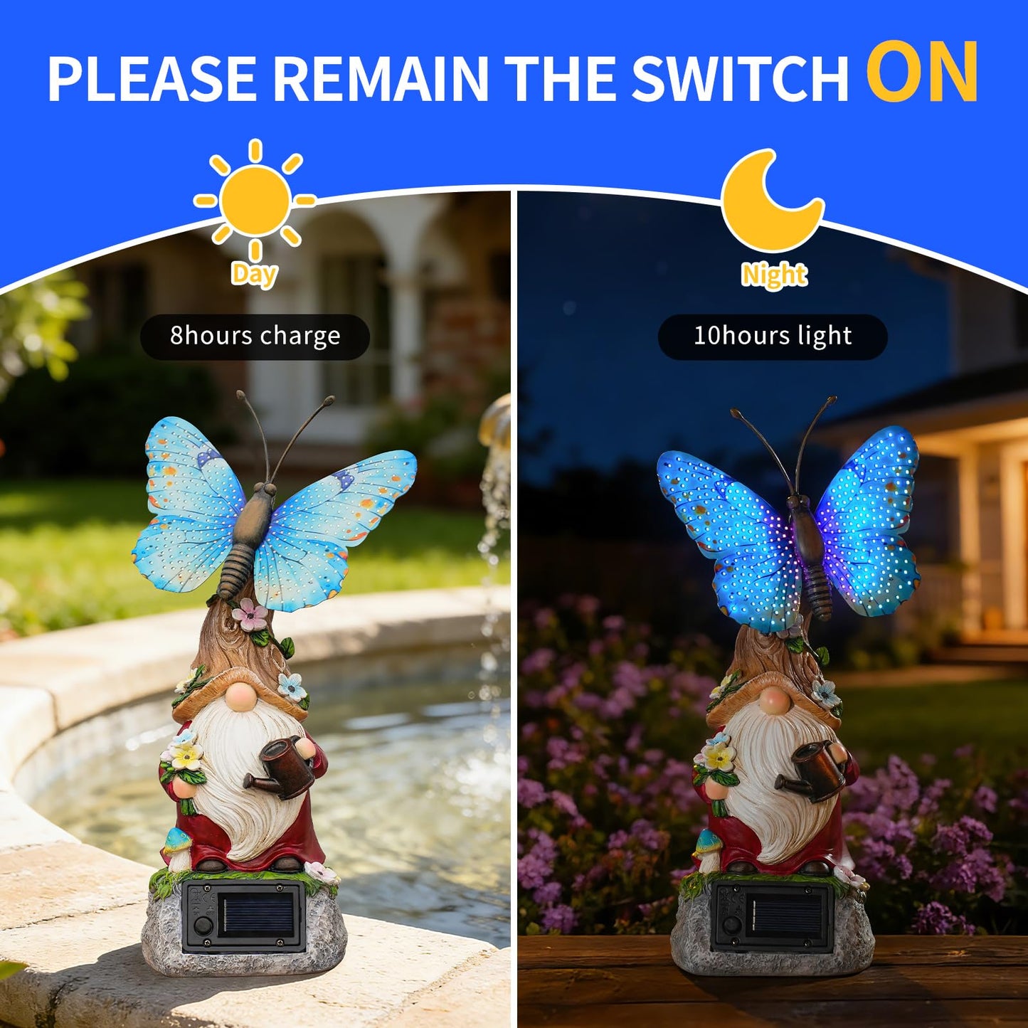 WSgift Garden Gnome Statues Solar-Powered Butterfly Resin Figurine Waterproof Outdoor Decor Mother's Day Blue