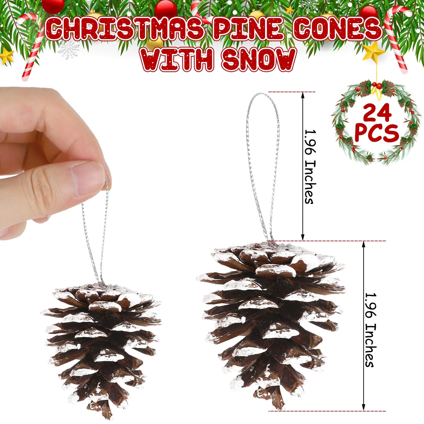 24 PCS Natural Pine Cones, 1.96 in Pinecone Ornaments, Pine Cones for Crafts with Sliver String, Decorative DIY Craft for Christmas Tree Christmas Table Decorations, Winter Decor Vase Filler
