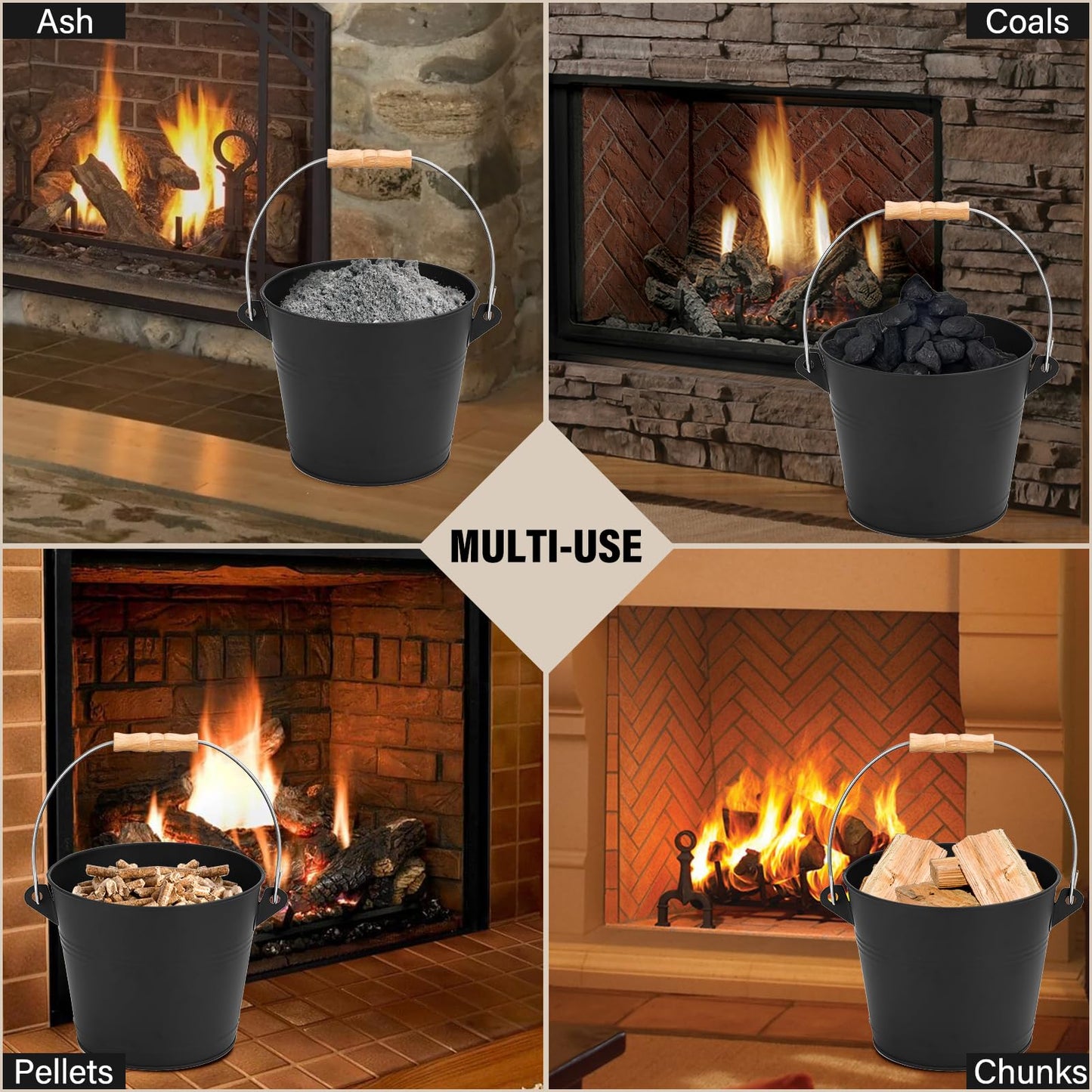 FEED GARDEN Fireplace Tools Set, 1.5 Gallon Mini Ash Bucket with Lid, Shovel, Heat-Resistant Brush & Screwdriver, Heavy Duty Galvanized Iron Ash Cleaning Tool Set, Compact 7.5" x 8.8" x 6.4”, Black