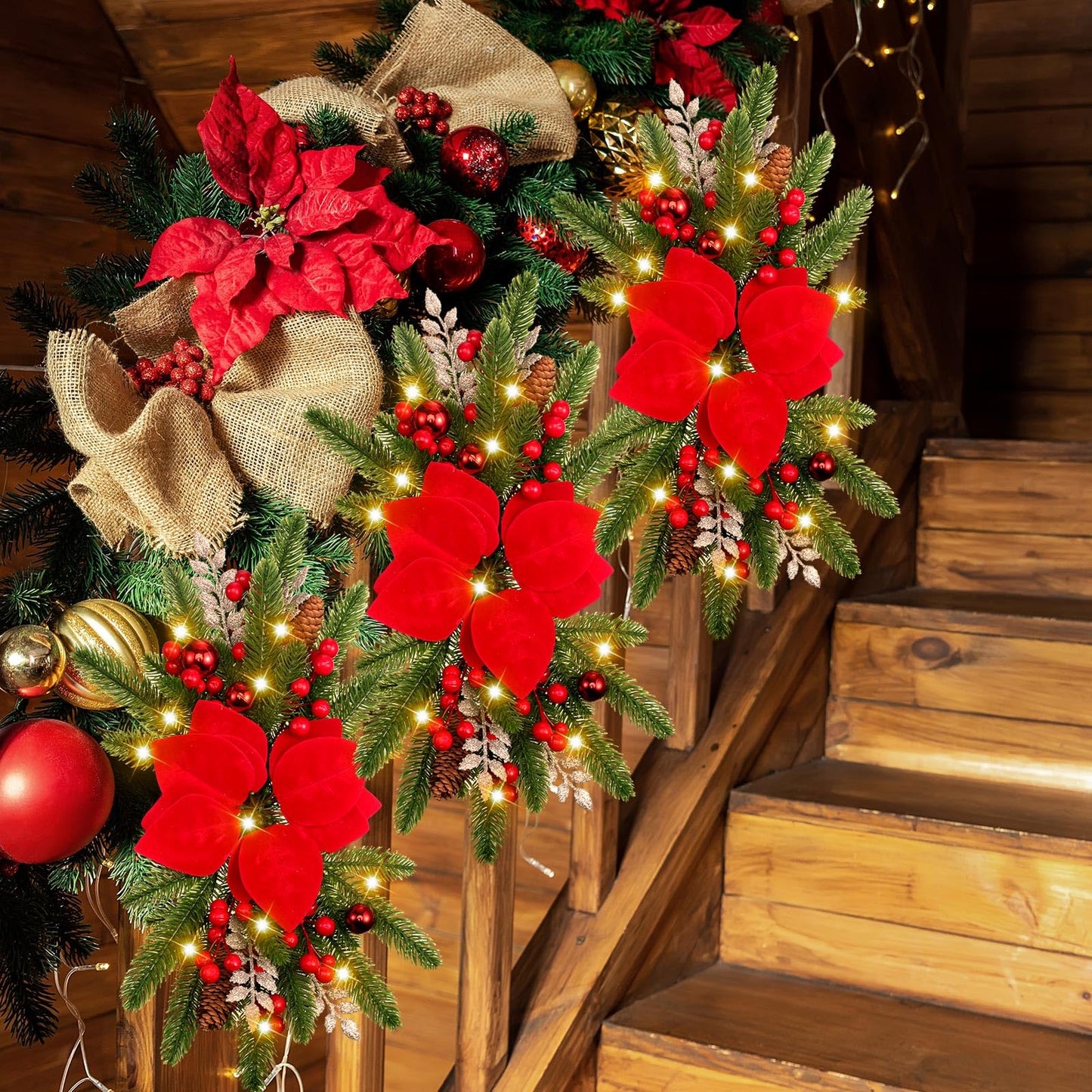Hotop 3 Pcs Artificial Christmas Swag 17.7" Prelit Teardrop Christmas Swags for Stairs Xmas Garland with Lights for Decorating Outdoor Front Door Window Home(Red)