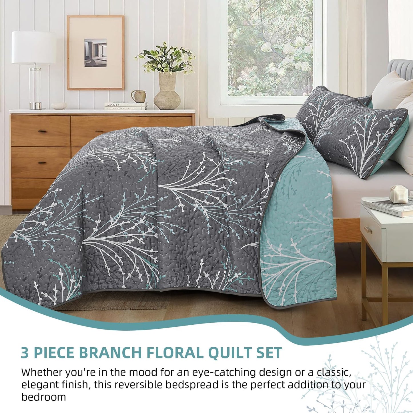 DJY Full Size Quilt Set Grey Blue Reversible Bedspread Coverlet Set 3 Piece, Branch Floral Lightweight Microfiber Botanical Quilted Bedding Set with Pillowcases for All Season (78''x90'')