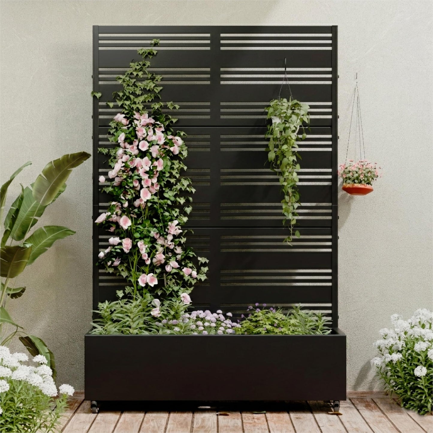 Casaphoria Metal Raised Garden Bed with Trellis and Wheels, 72"x47"x16" Planter Box for Climbing Plants, Vegetables & Vines, Features Drainage Holes and Privacy Screen (Black-Harold)