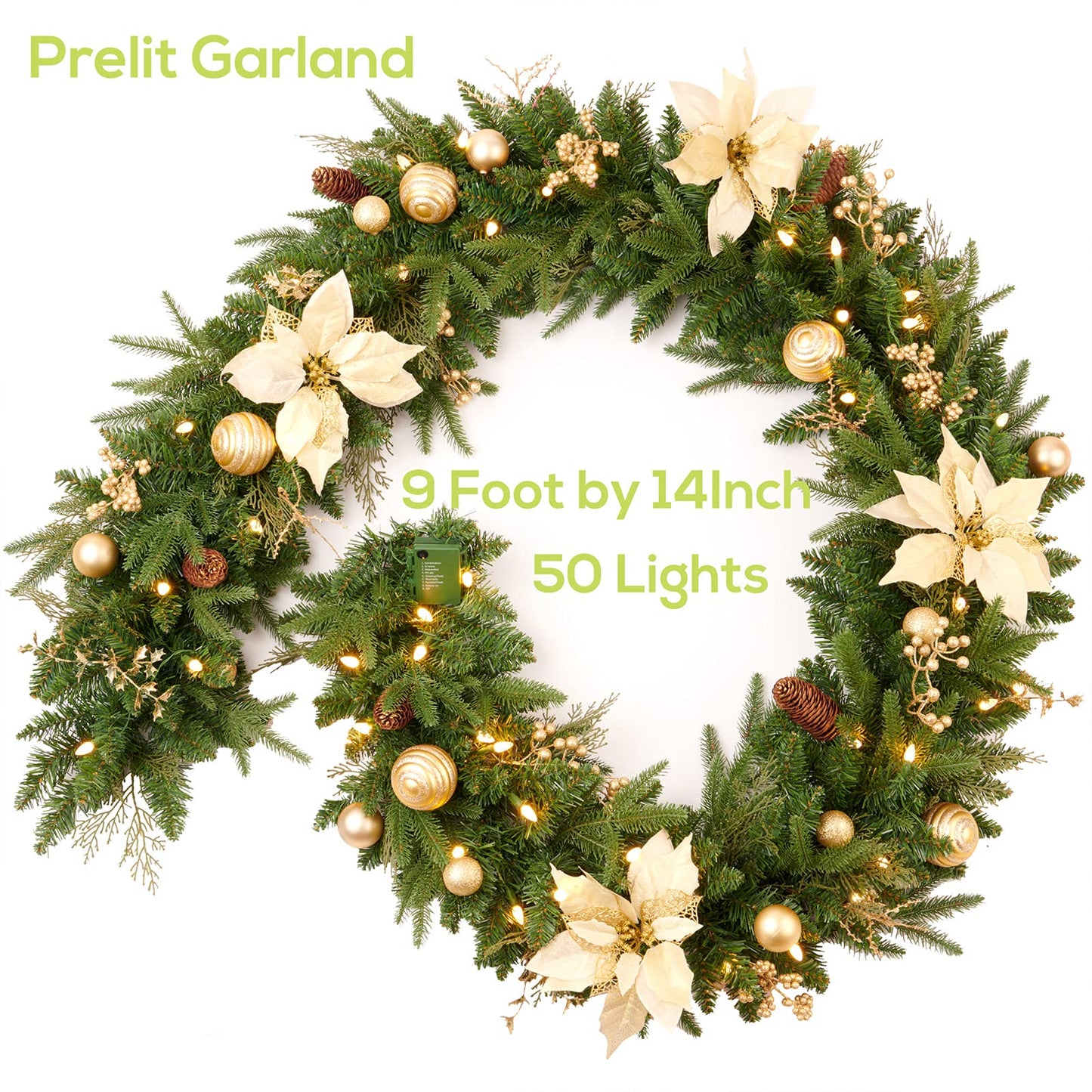 AMERZEST Pre-lit 9ft Christmas Garland with Gold Berries and Balls,Pine Cone,Golden Flower and 50 Battery Operated Soft White LED Lights with Timer,Artificial Holiday Decoration Door Outdoor