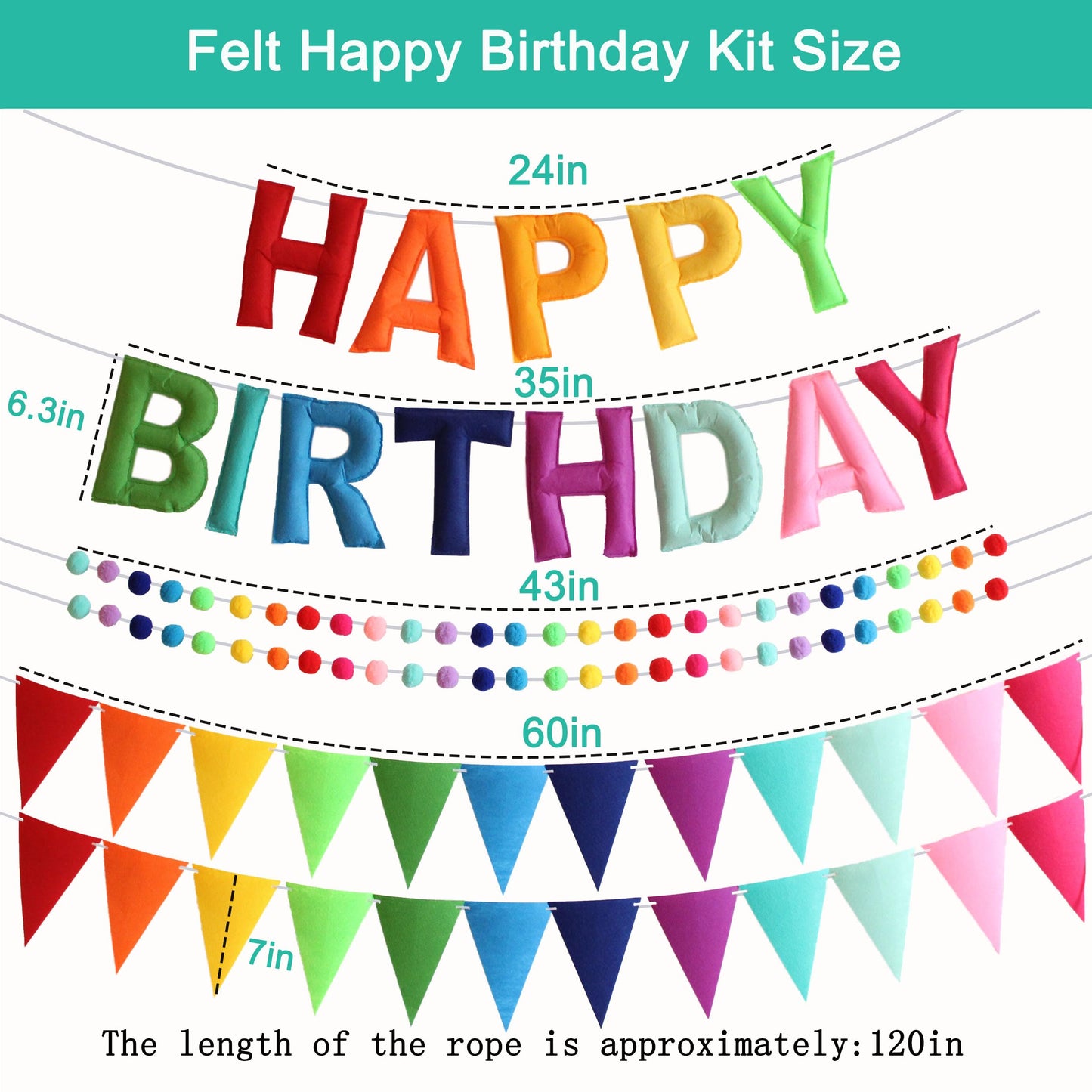 6.3 Inch Large Felt Happy Birthday Banner - Pre-Strung Rainbow Fabric Garland, Reusable Happy Birthday Sign for All Ages Party Decorations (Rainbow)